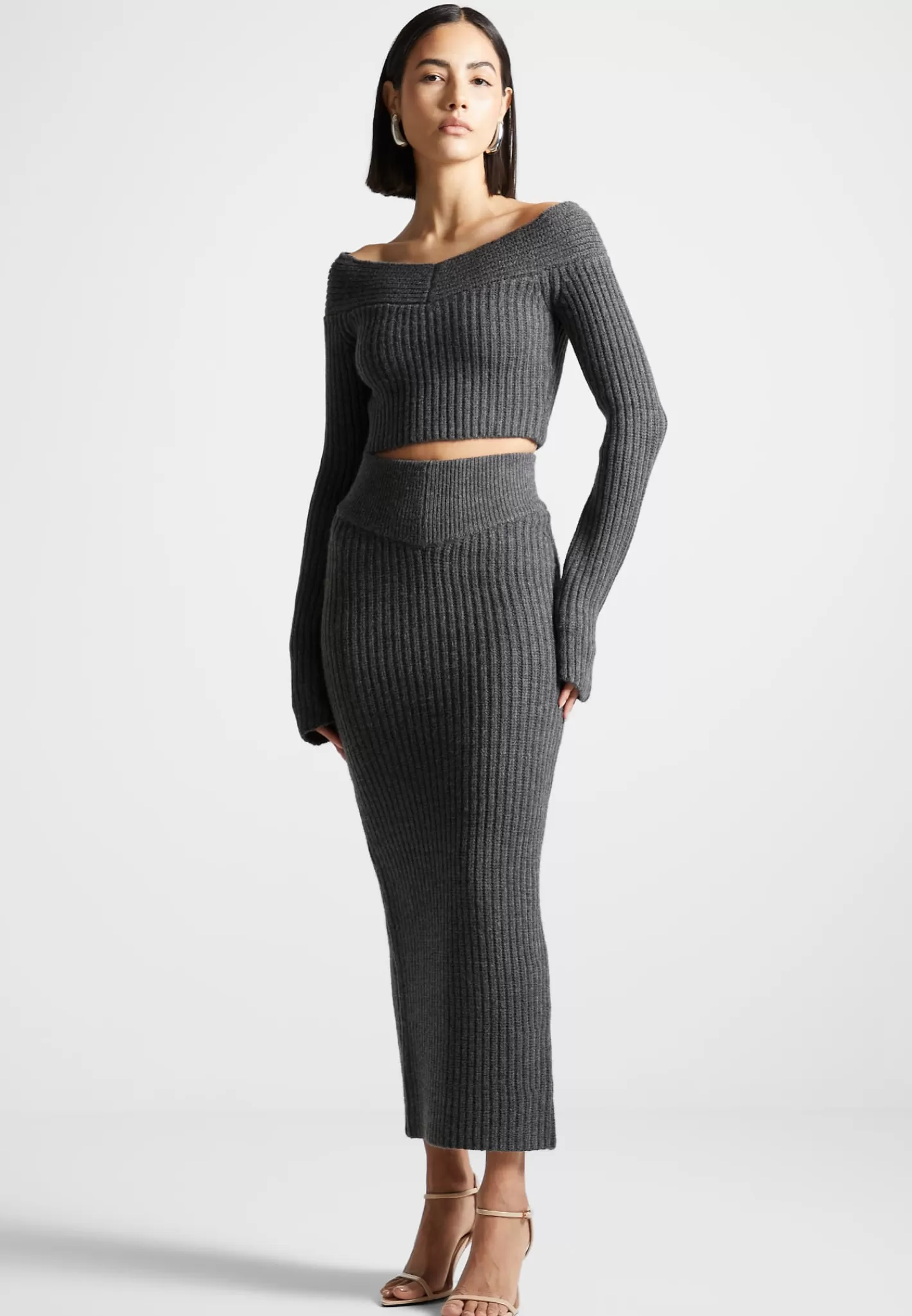 Angled Waist Knit Maxi Skirt - Grey Marl-Manière De Voir Clearance