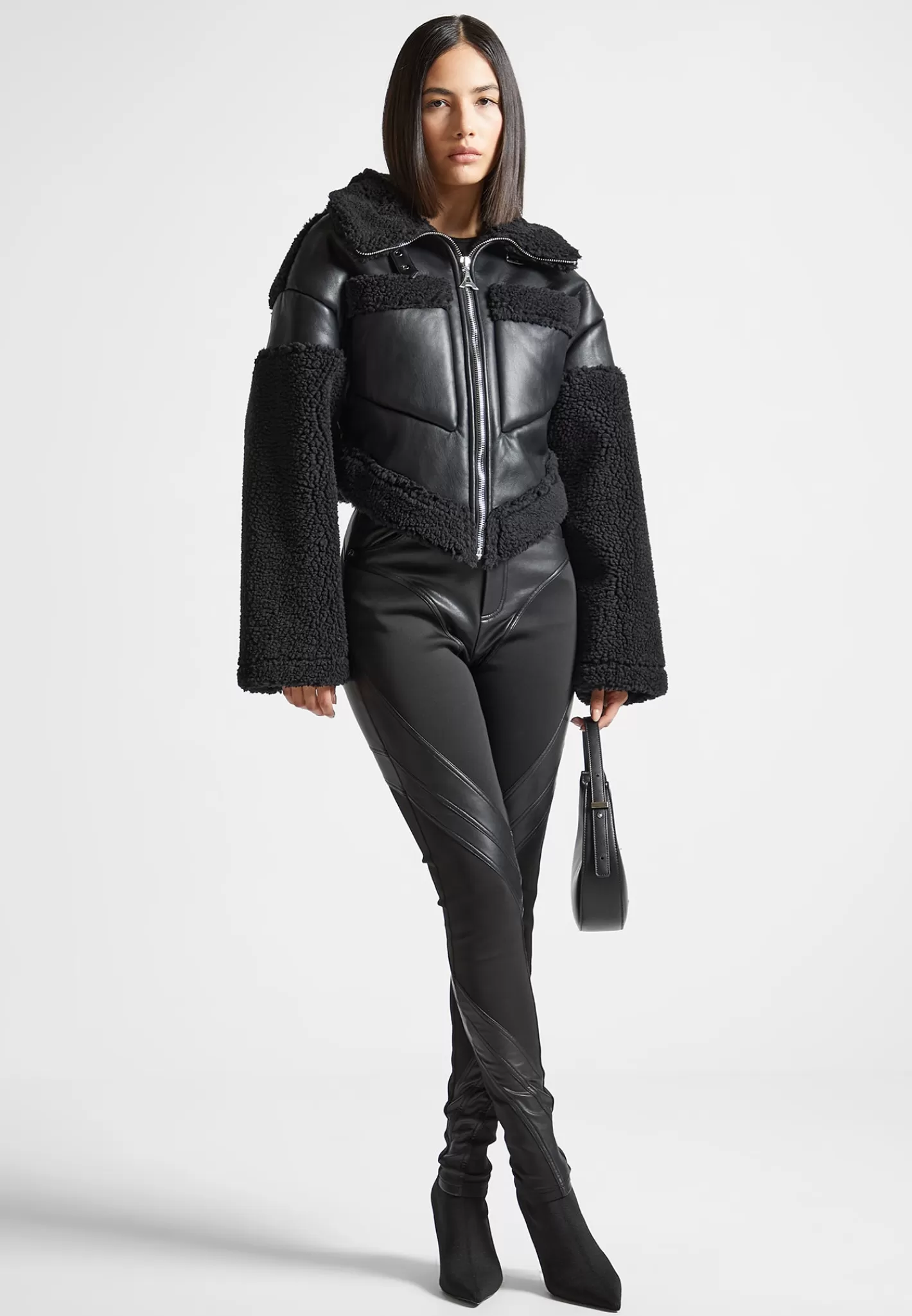 Angular Hem Vegan Leather Borg Biker Jacket - -Manière De Voir Store