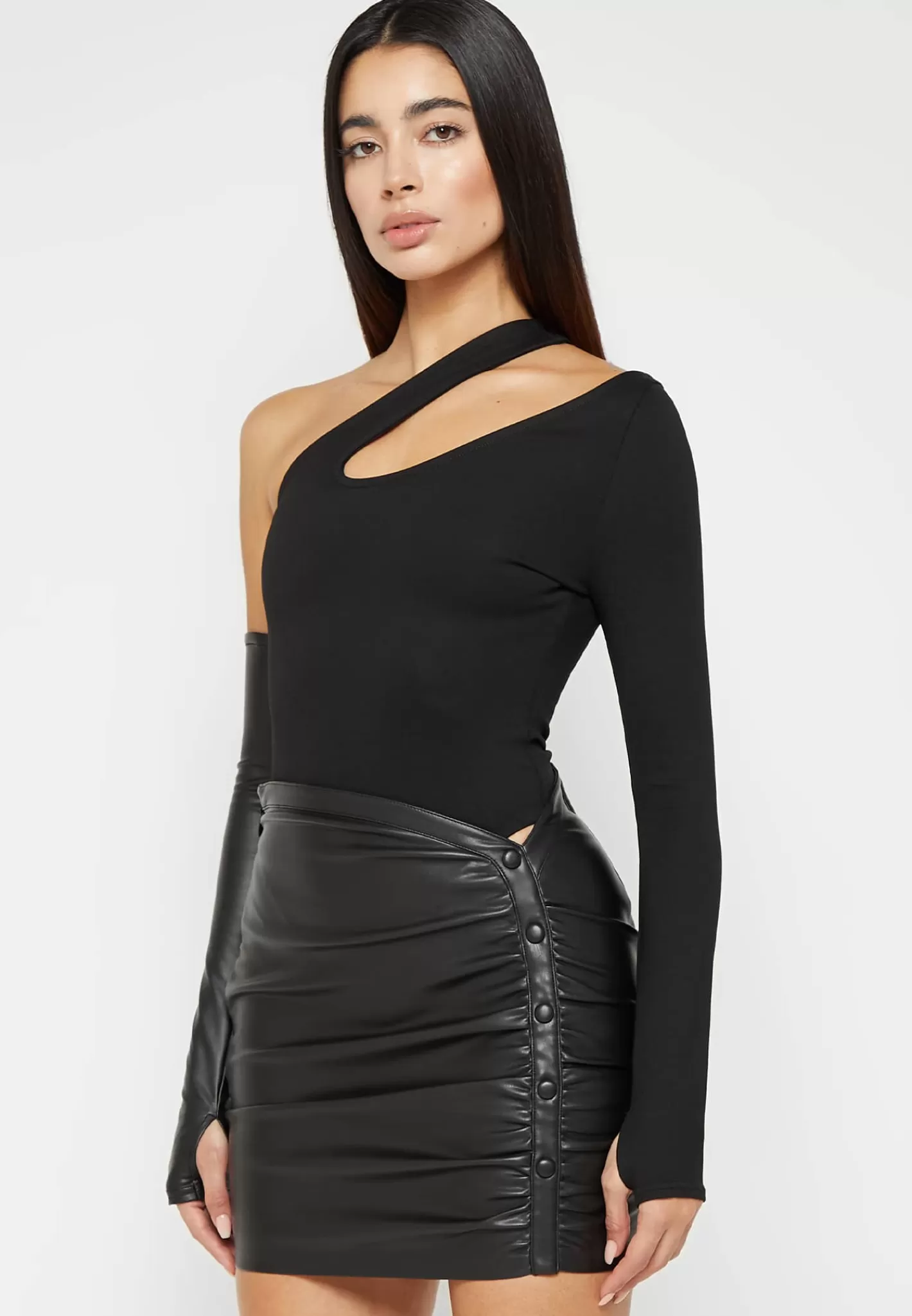 Asymmetric Bodysuit with Vegan Leather Sleeve - -Manière De Voir Discount