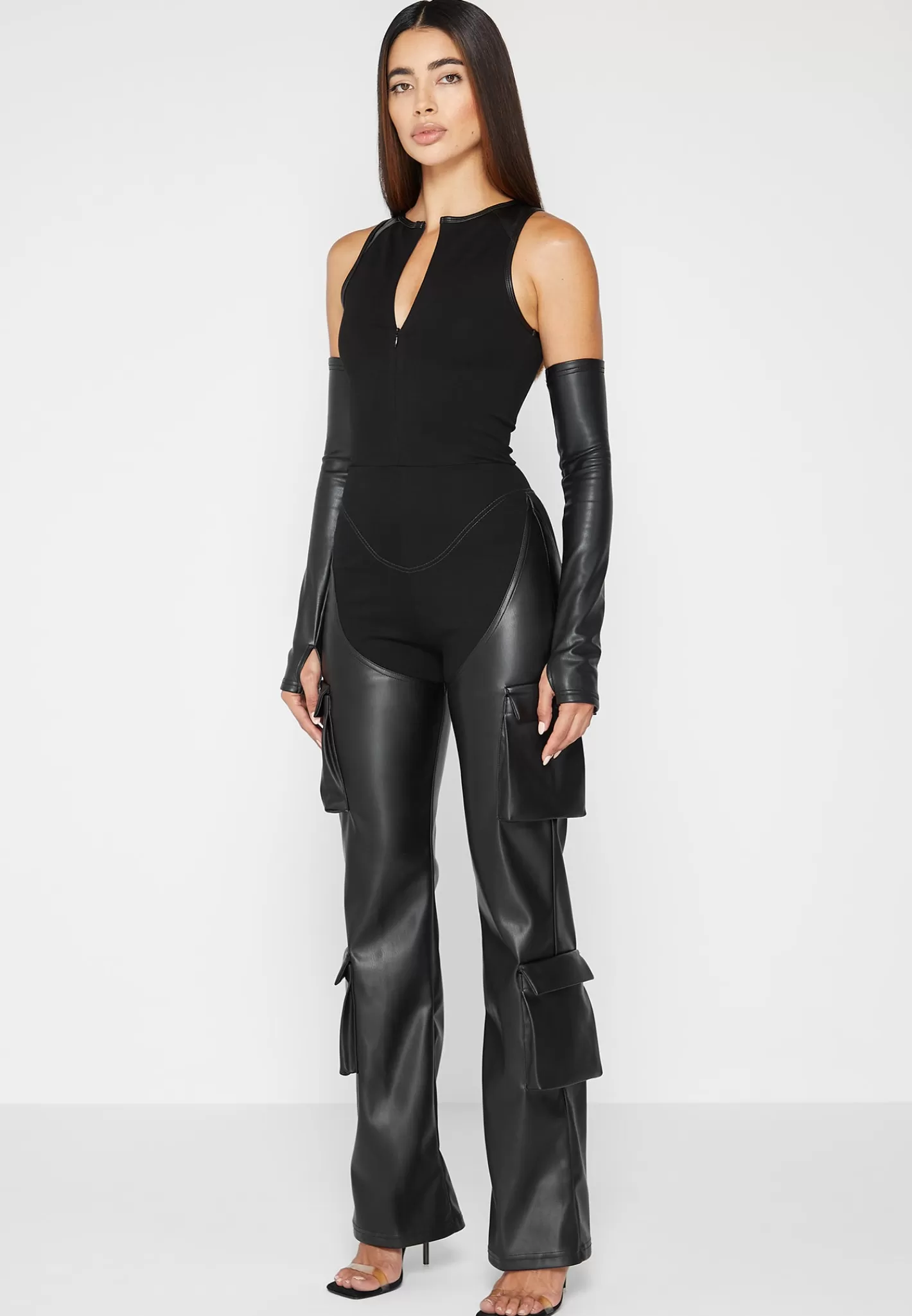 Bandage and Vegan Leather Racer Neck Cargo Pocket Jumpsuit - -Manière De Voir Online