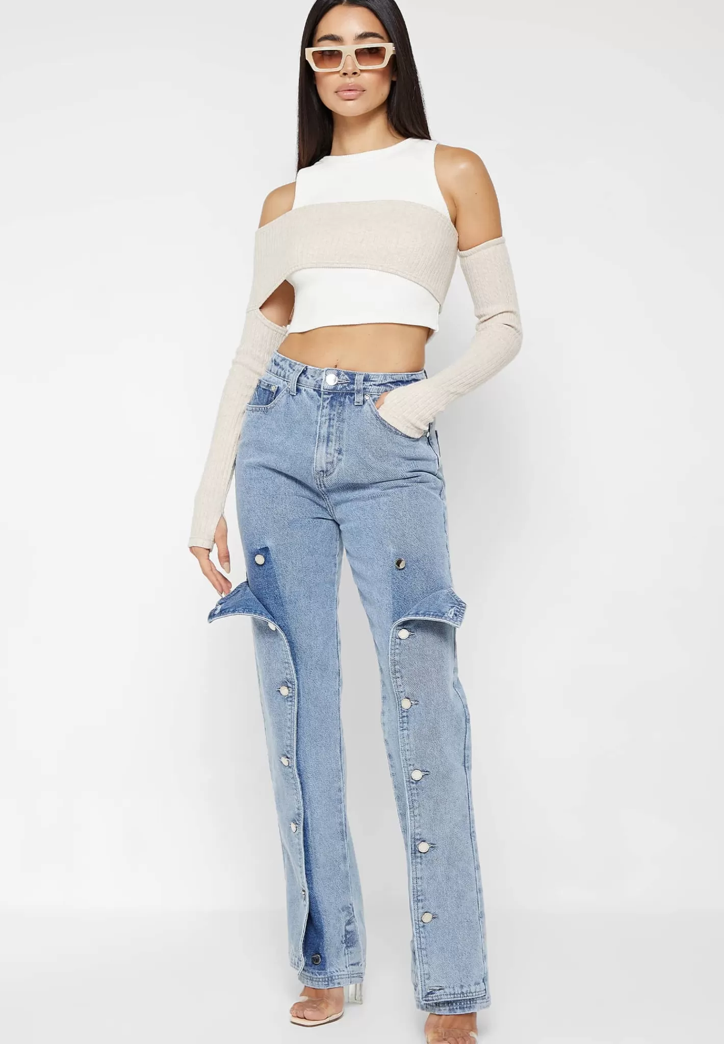 Button Down Overlay Mom Jeans - Mid Blue-Manière De Voir Sale
