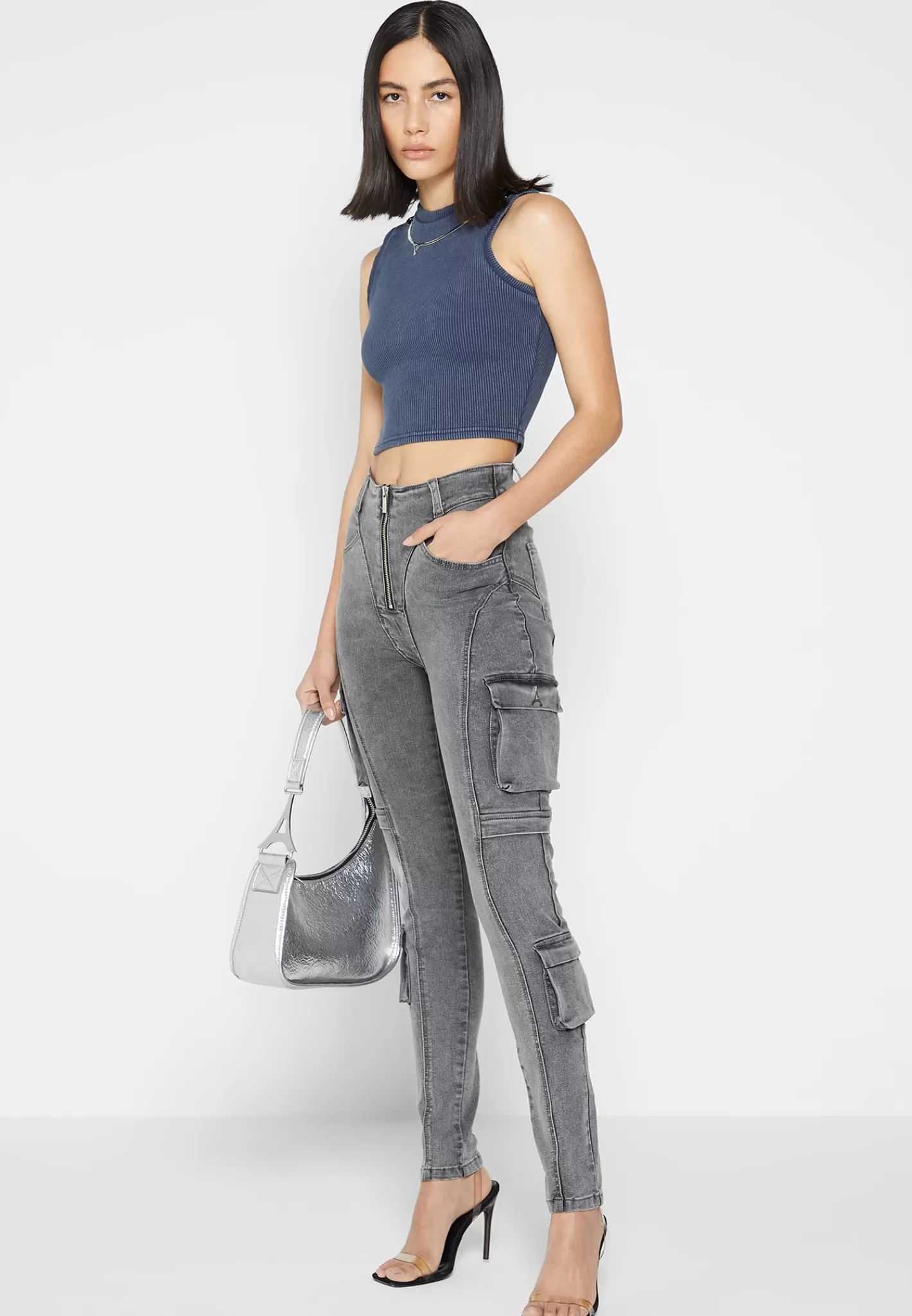 Cargo Pocket Skinny Jeans - Washed Grey-Manière De Voir Hot