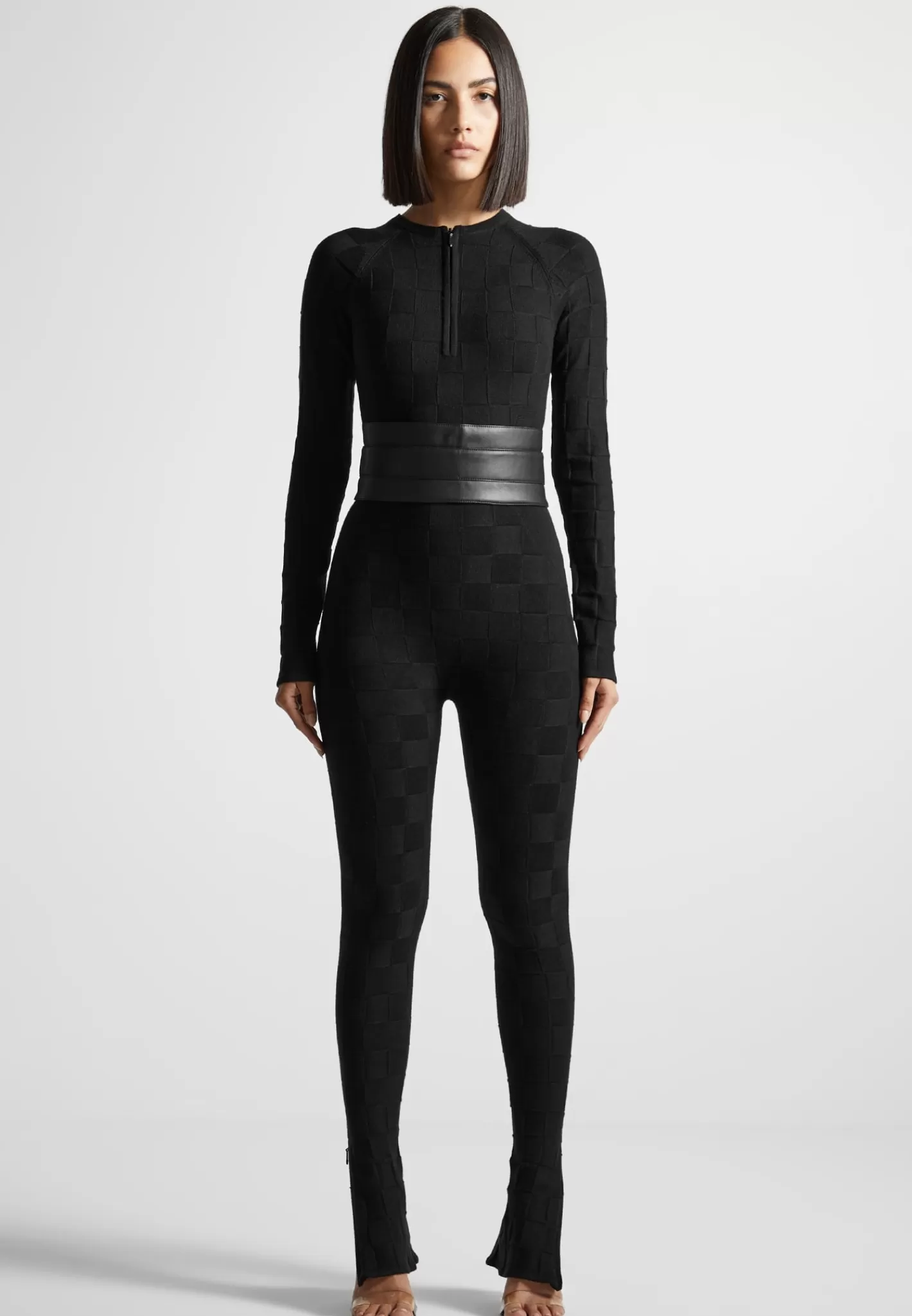 Chequerboard Knit Jumpsuit with Belt - -Manière De Voir Best