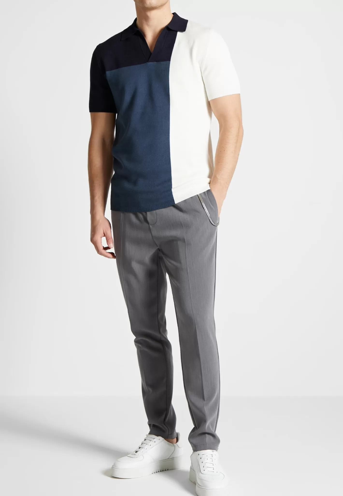 Colour Block Knit Revere Polo Top - Navy/Steel -Manière De Voir Clearance