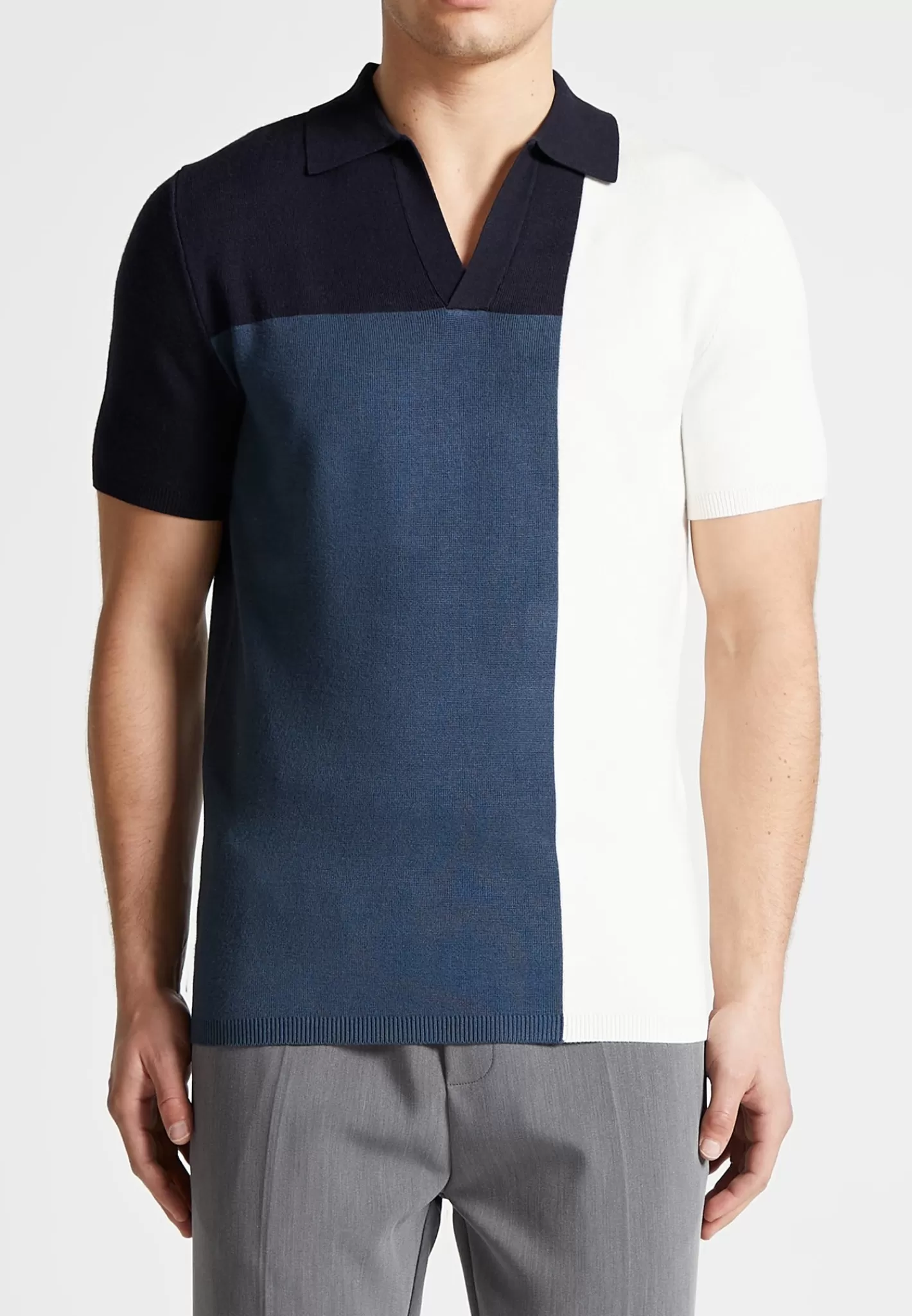 Colour Block Knit Revere Polo Top - Navy/Steel -Manière De Voir Clearance