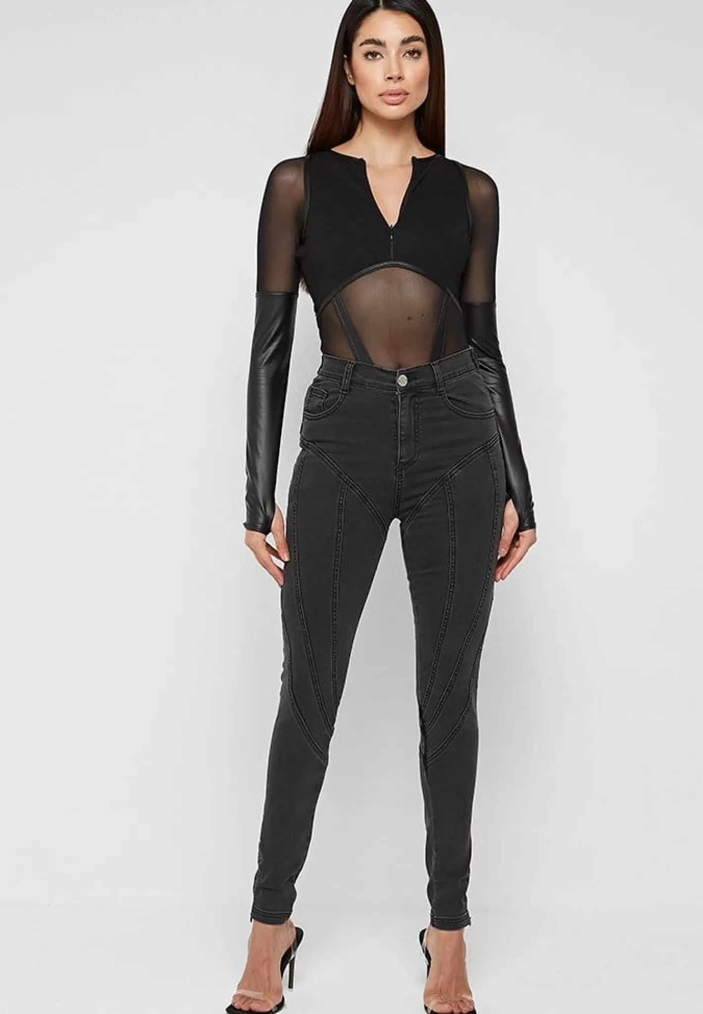 Contour Seam Detail Skinny Jeans - Washed Black-Manière De Voir Flash Sale