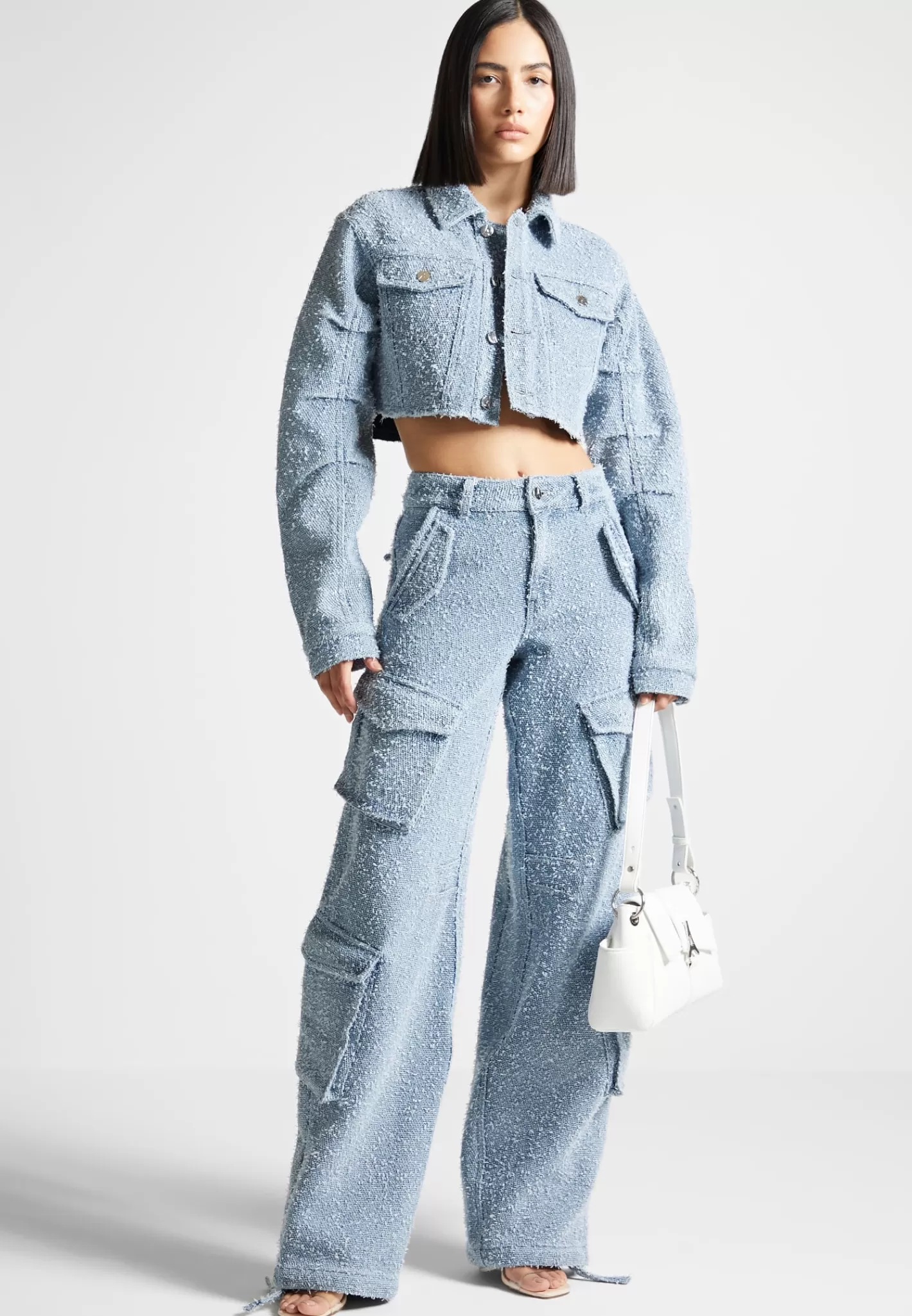 Cropped Boucle Denim Jacket - Mid Blue-Manière De Voir Cheap