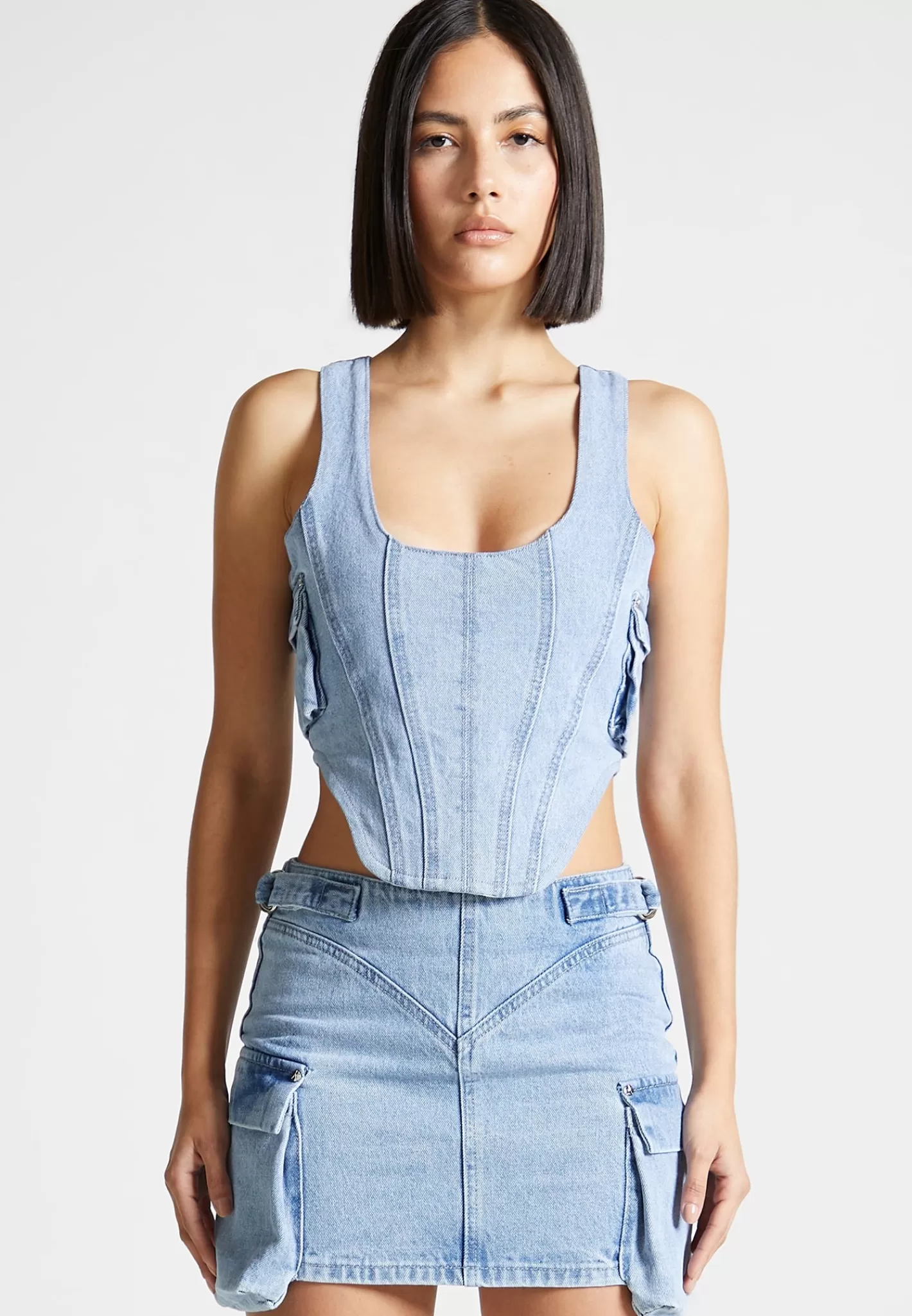 Denim Cargo Corset Top - Mid Blue-Manière De Voir Clearance