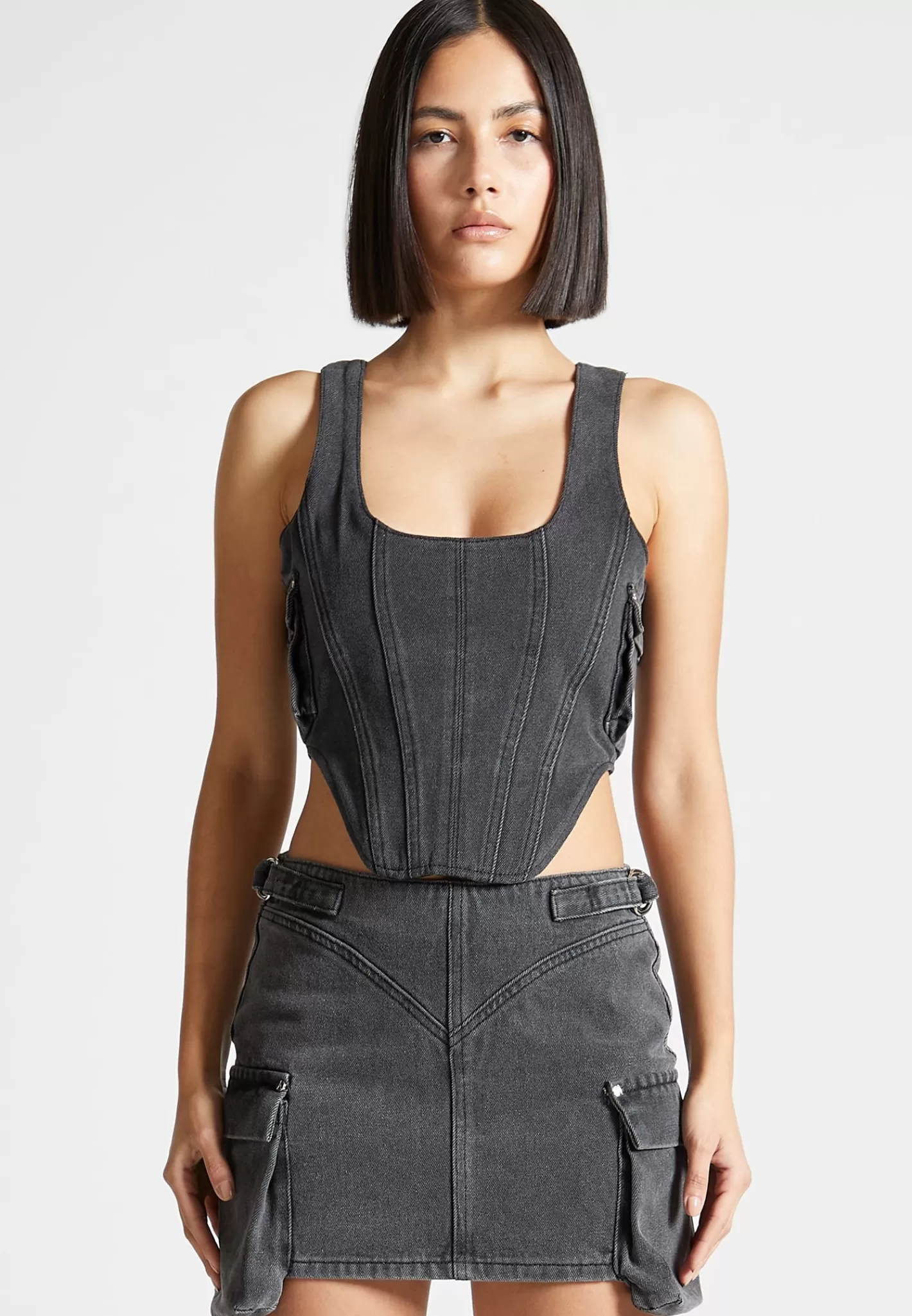 Denim Cargo Corset Top - Washed Black-Manière De Voir Clearance