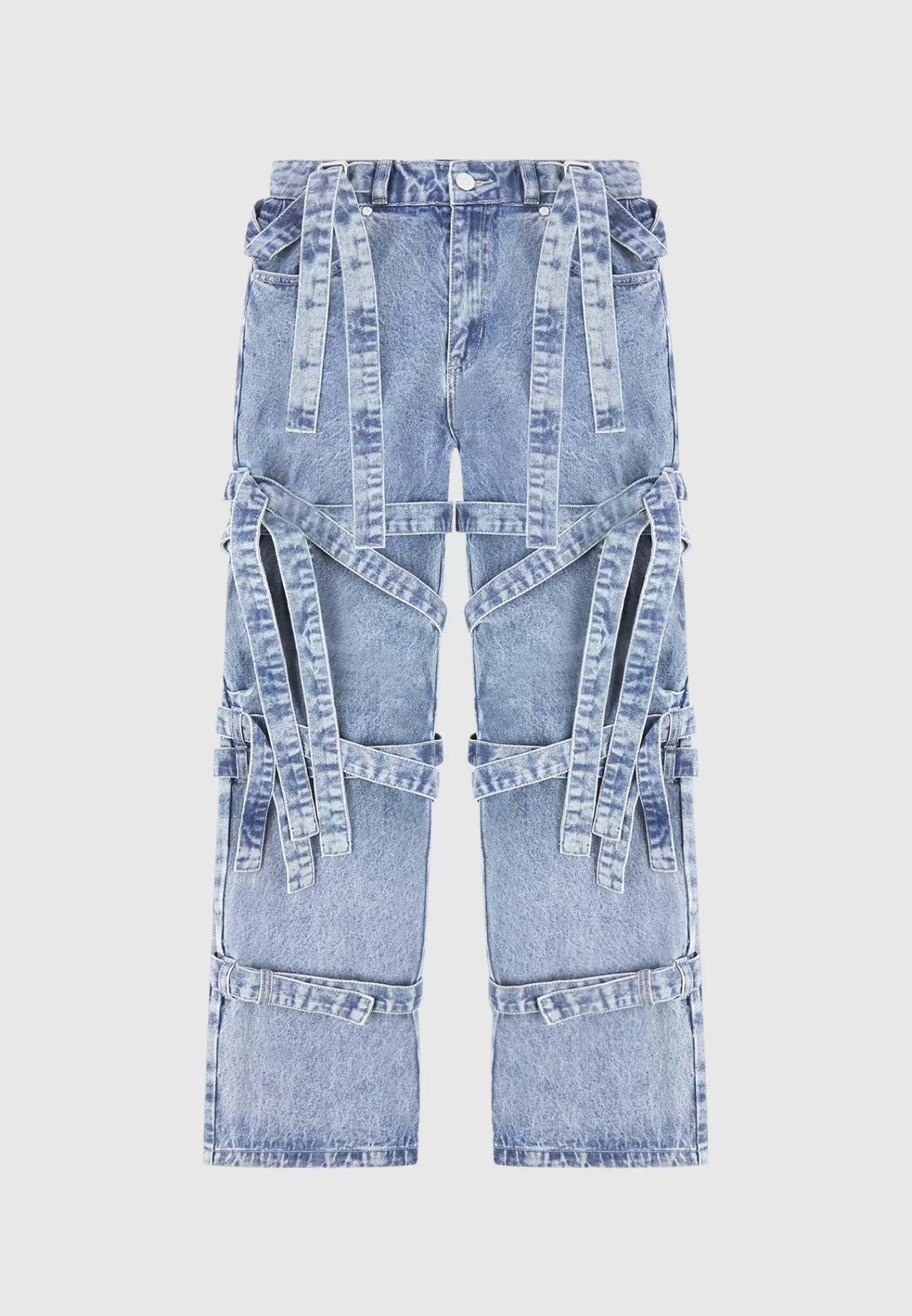 Denim Strap Cargo Jeans - Mid Blue-Manière De Voir Fashion