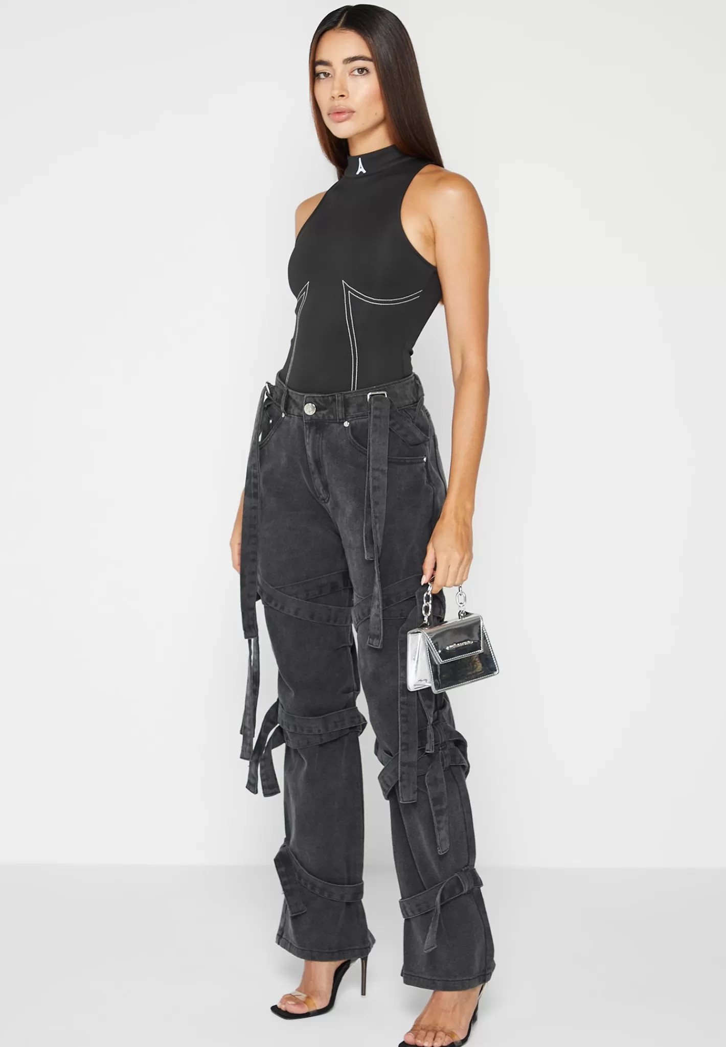 Denim Strap Cargo Jeans - Washed Black-Manière De Voir Sale