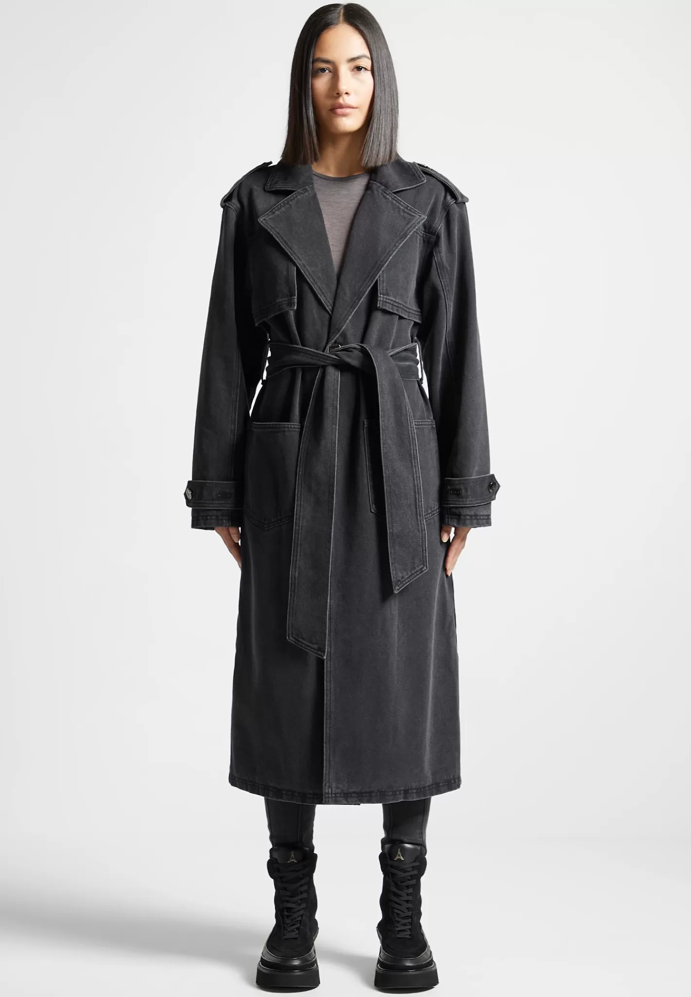 Denim Trench Coat - Washed Black-Manière De Voir Discount