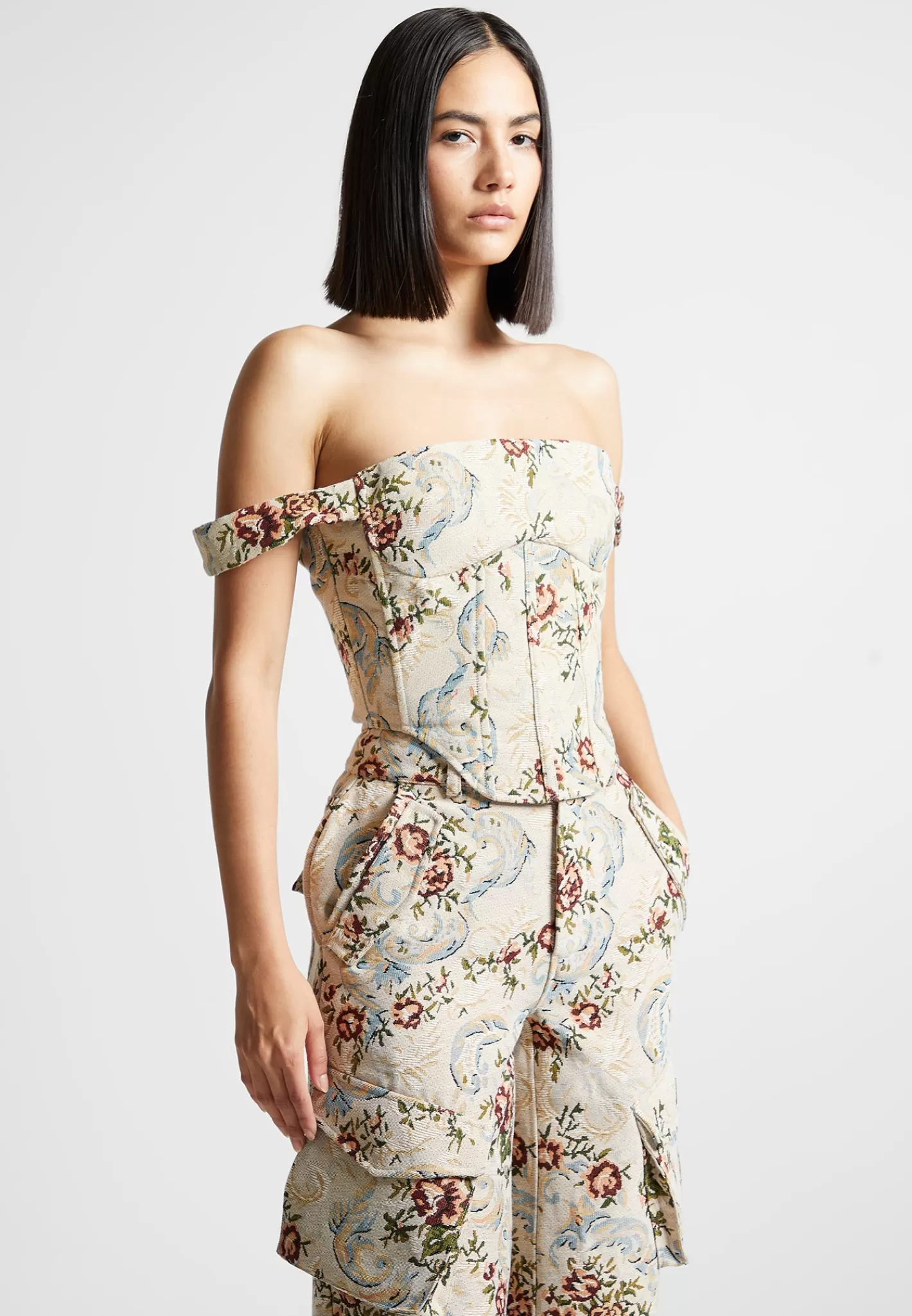 Floral Jacquard Bardot Corset Top - -Manière De Voir Fashion