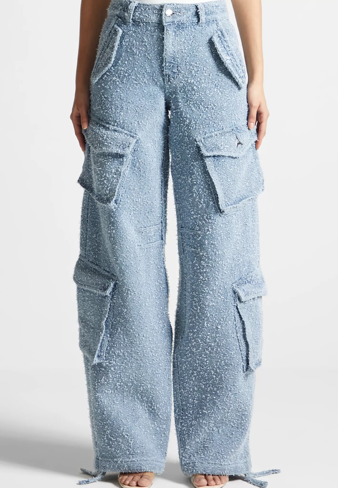 High Waisted Boucle Denim Cargo Pants - Mid Blue-Manière De Voir Shop