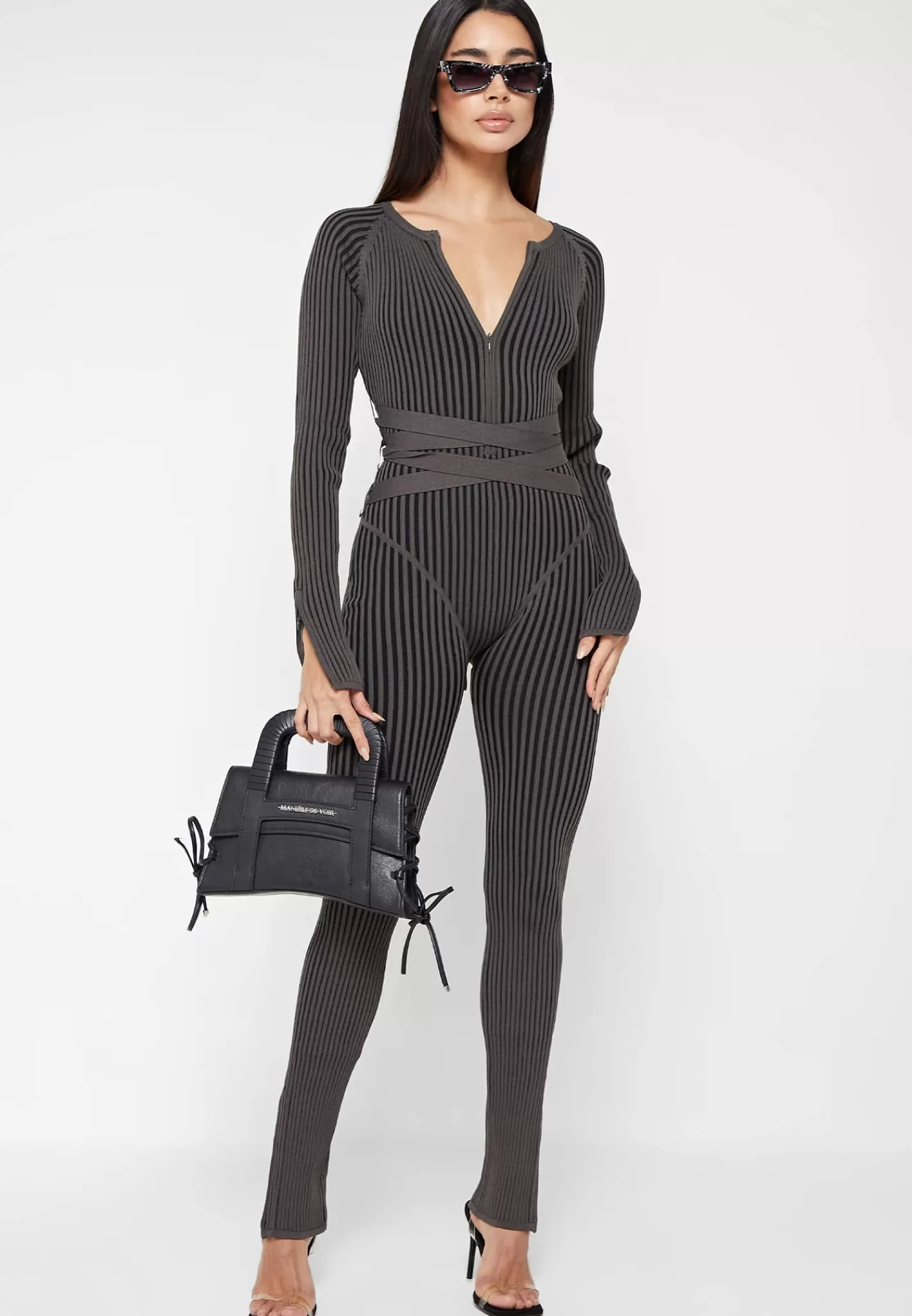 Knitted Two Tone Jumpsuit with Belt - -Manière De Voir New