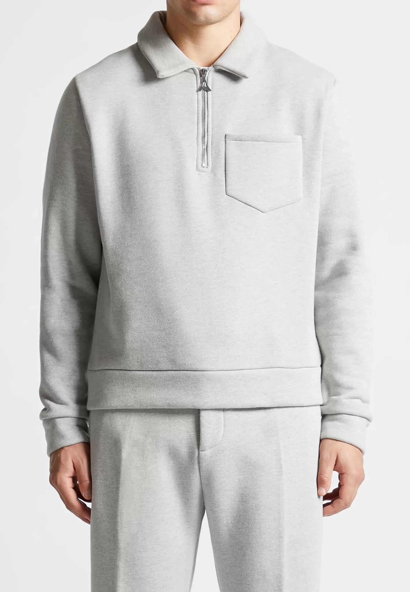 Long Sleeve Polo Zip Jumper - Light Grey Marl-Manière De Voir Shop