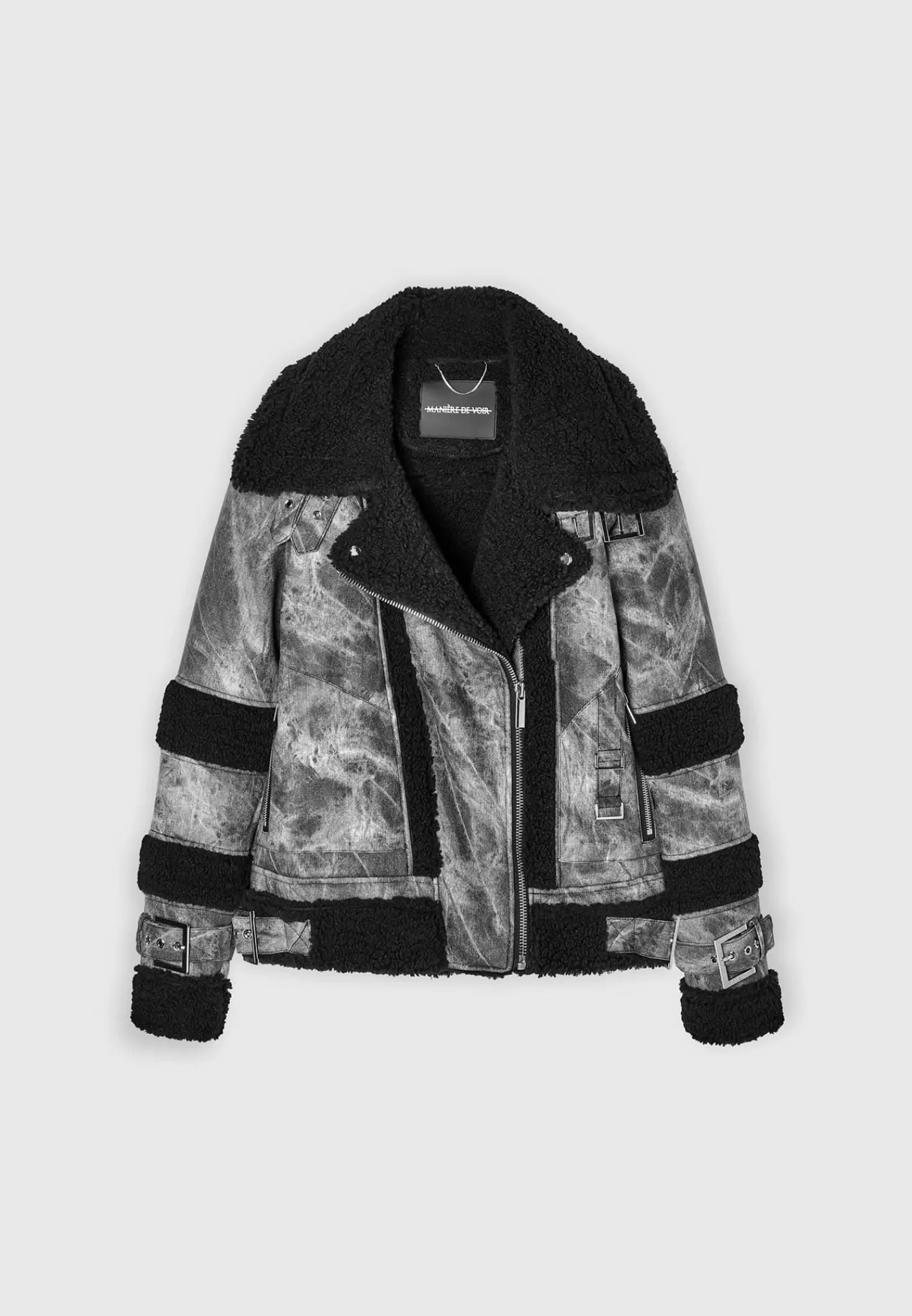 Marbled Vegan Leather Borg Biker Jacket - -Manière De Voir Online