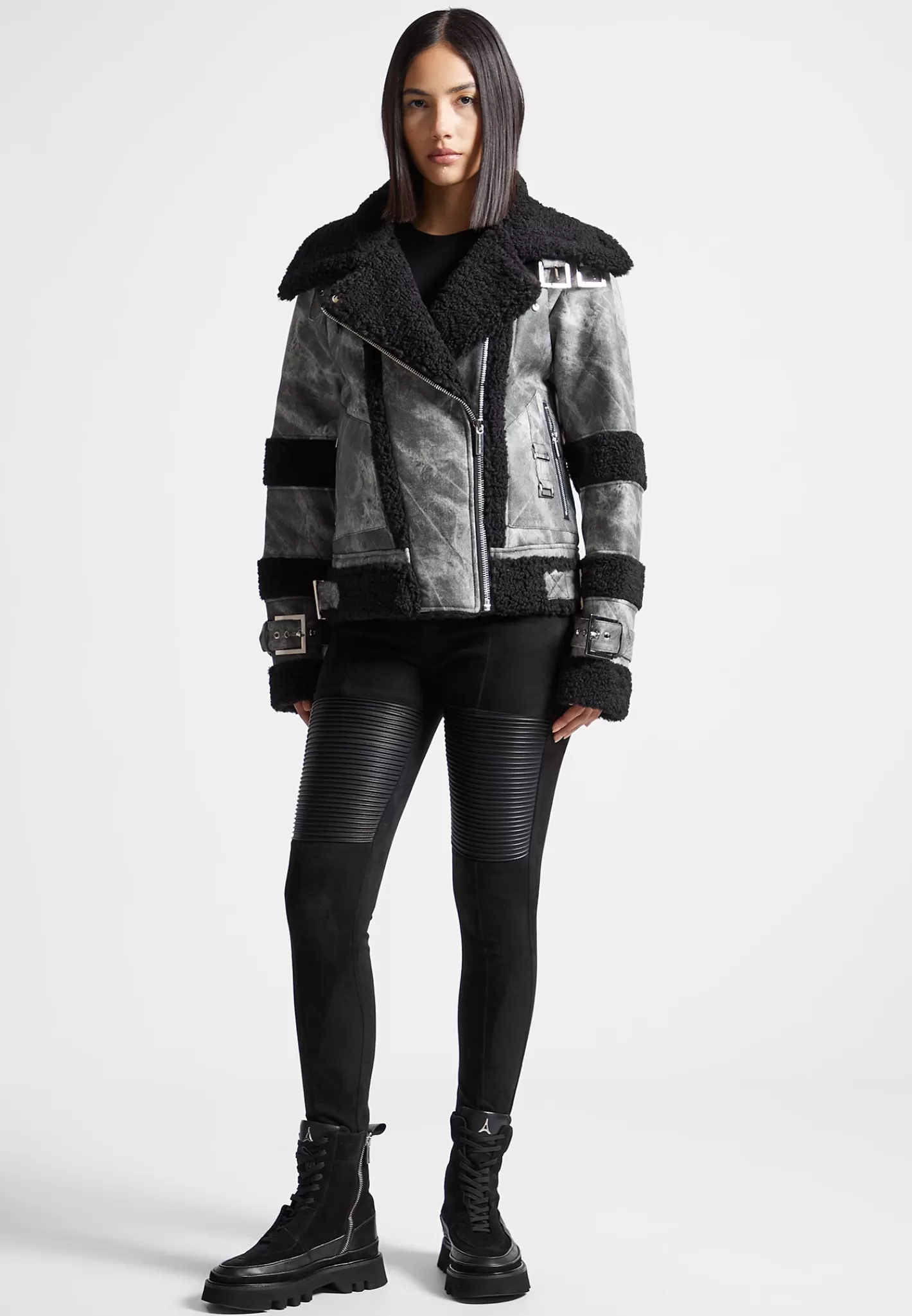 Marbled Vegan Leather Borg Biker Jacket - -Manière De Voir Online