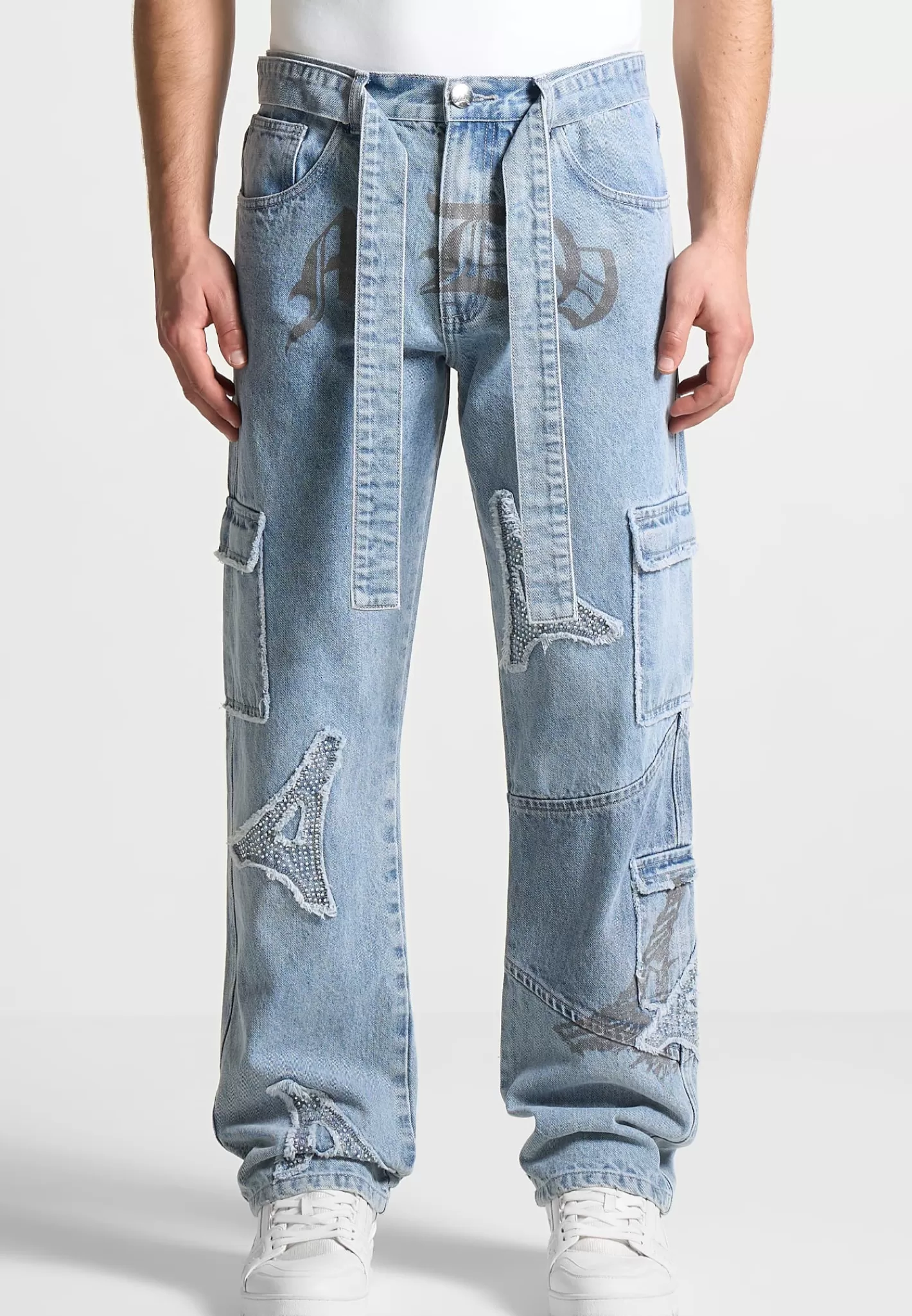 MDV Rhinestone Eiffel Patch Jeans - Stonewash Blue-Manière De Voir Clearance