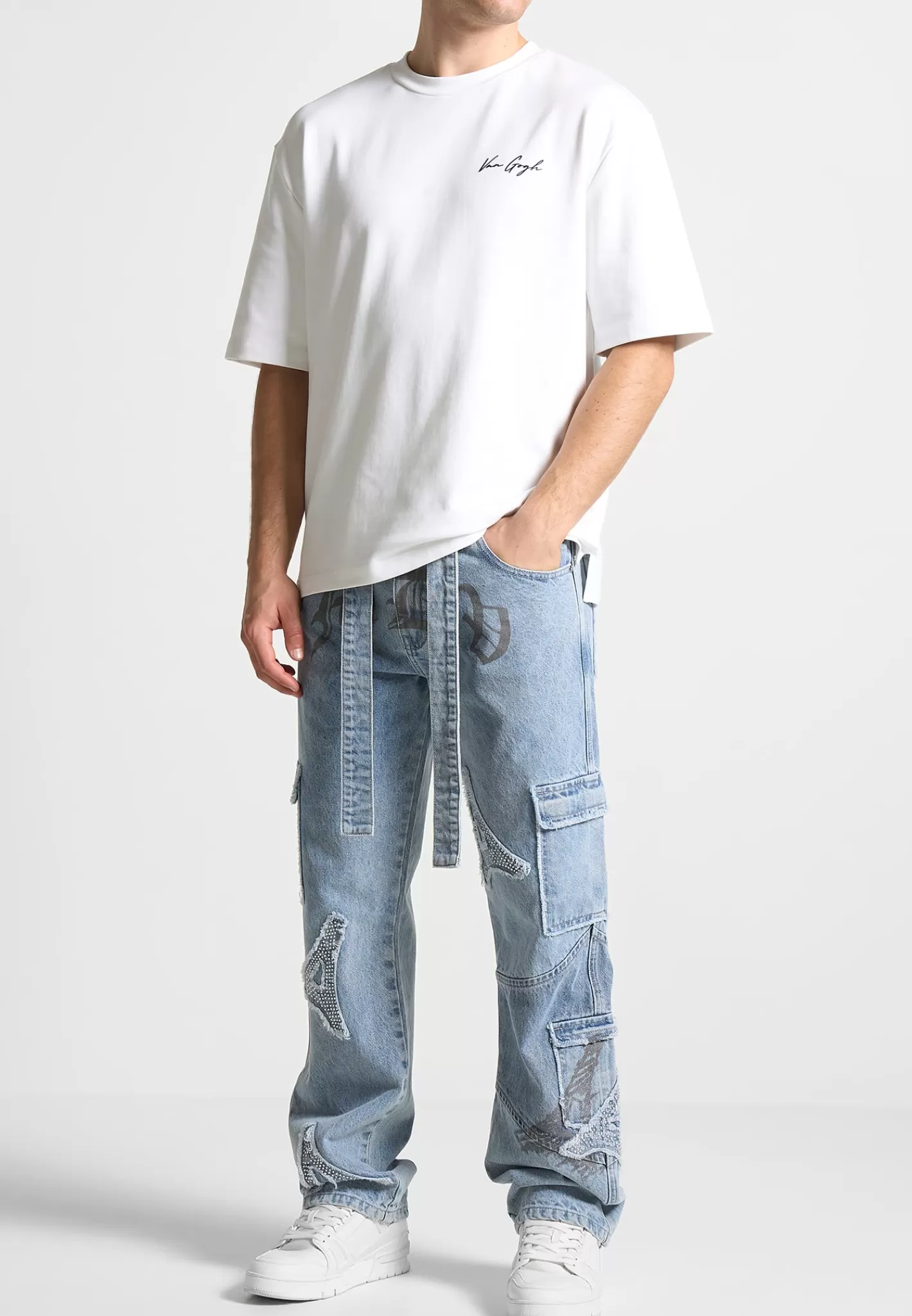 MDV Rhinestone Eiffel Patch Jeans - Stonewash Blue-Manière De Voir Clearance