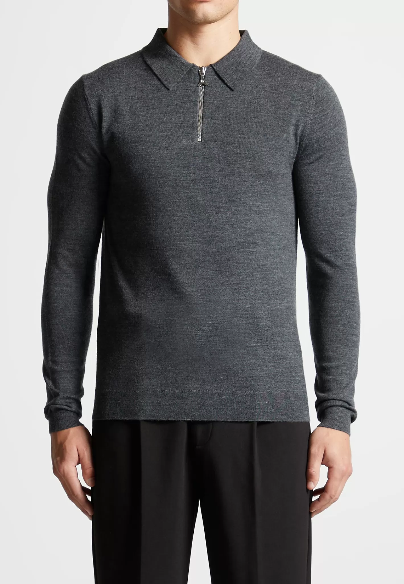 Merino Wool Long Sleeve Polo Top With Zip - Marl Grey-Manière De Voir Cheap