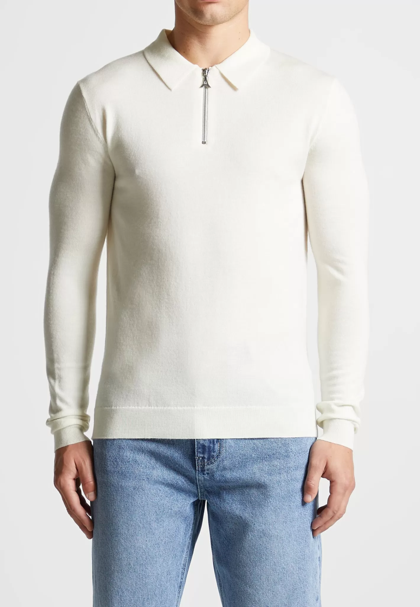Merino Wool Long Sleeve Polo Top With Zip - Off White-Manière De Voir Fashion
