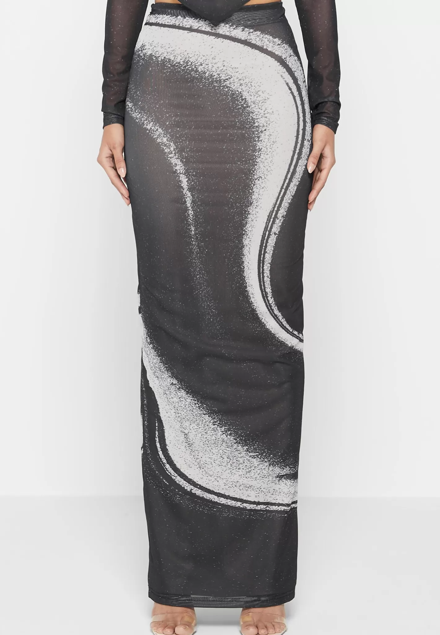 Mesh Printed Maxi Skirt - Black-Manière De Voir Discount