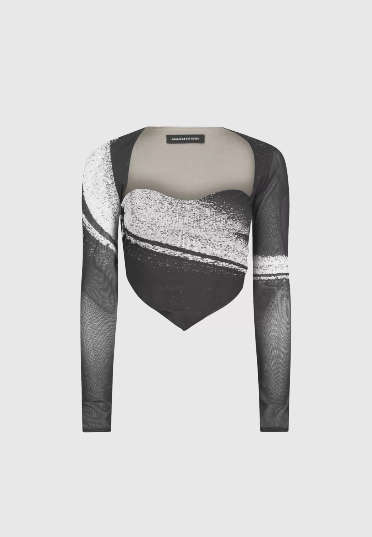 Mesh Printed Top with Sleeve Overlay - Black-Manière De Voir Flash Sale