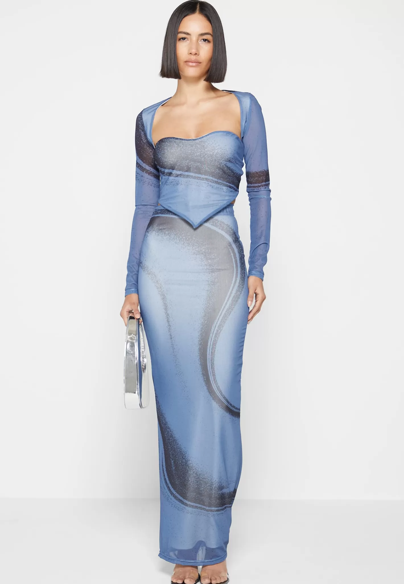 Mesh Printed Top with Sleeve Overlay - Blue-Manière De Voir Best