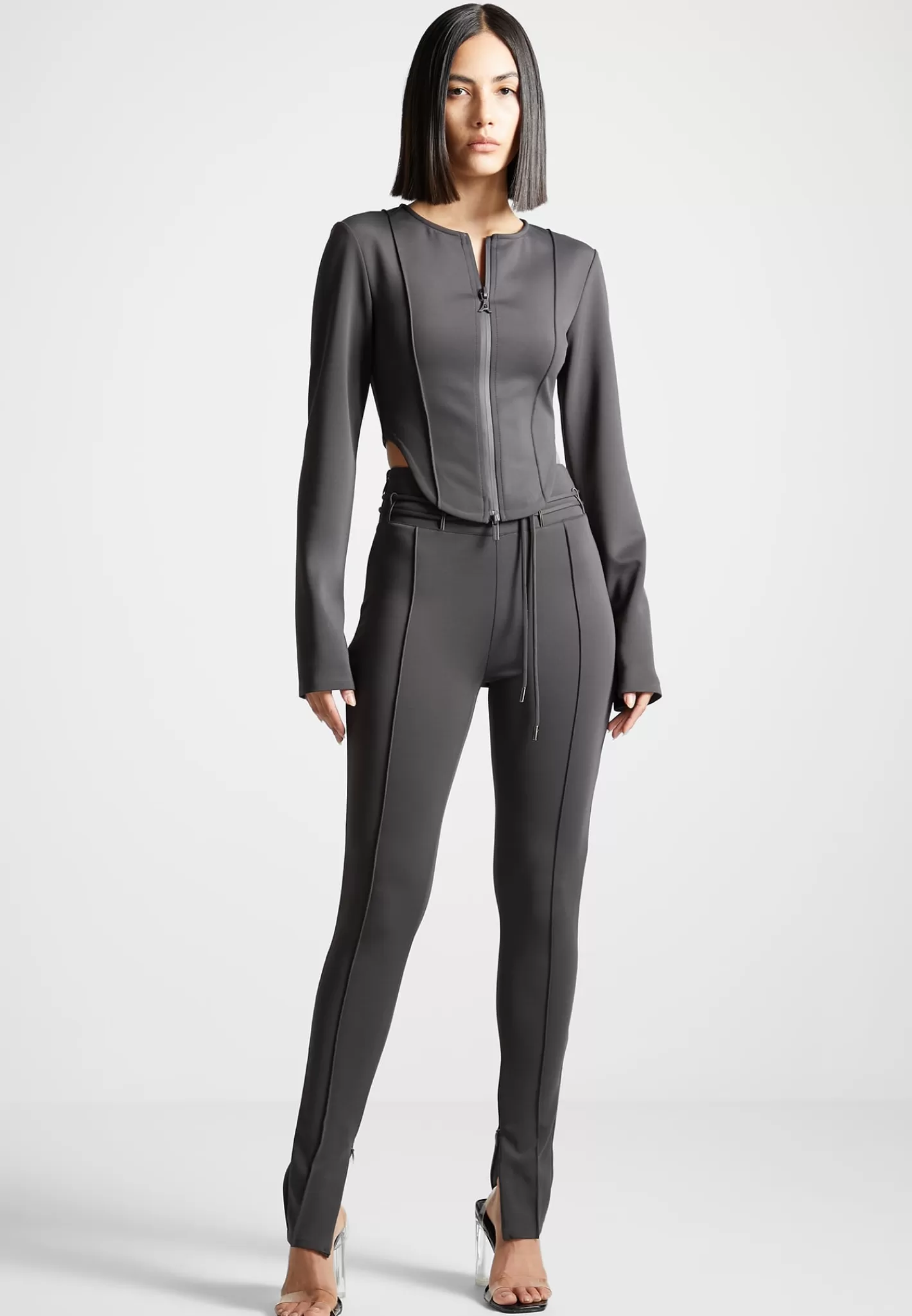 Neoprene Tie Detail Leggings - Charcoal Grey-Manière De Voir Fashion