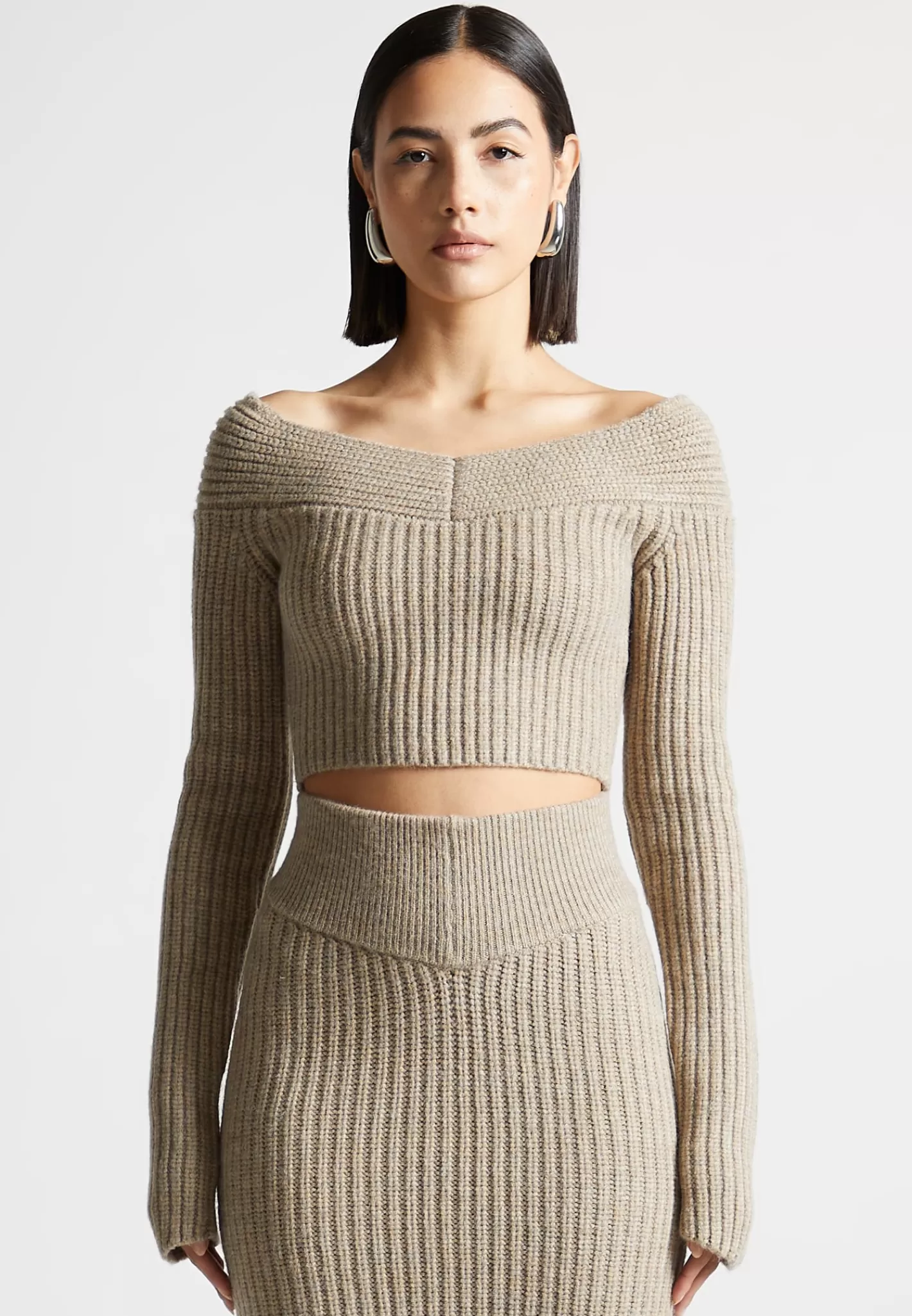 Off Shoulder Knit Crop Top - Beige Marl-Manière De Voir Flash Sale