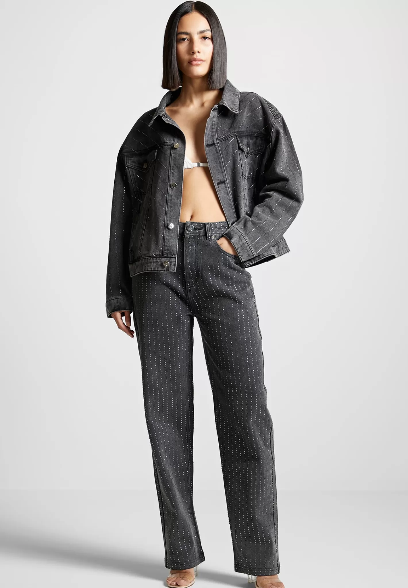 Oversized Rhinestone Denim Jacket - Washed Grey-Manière De Voir Shop