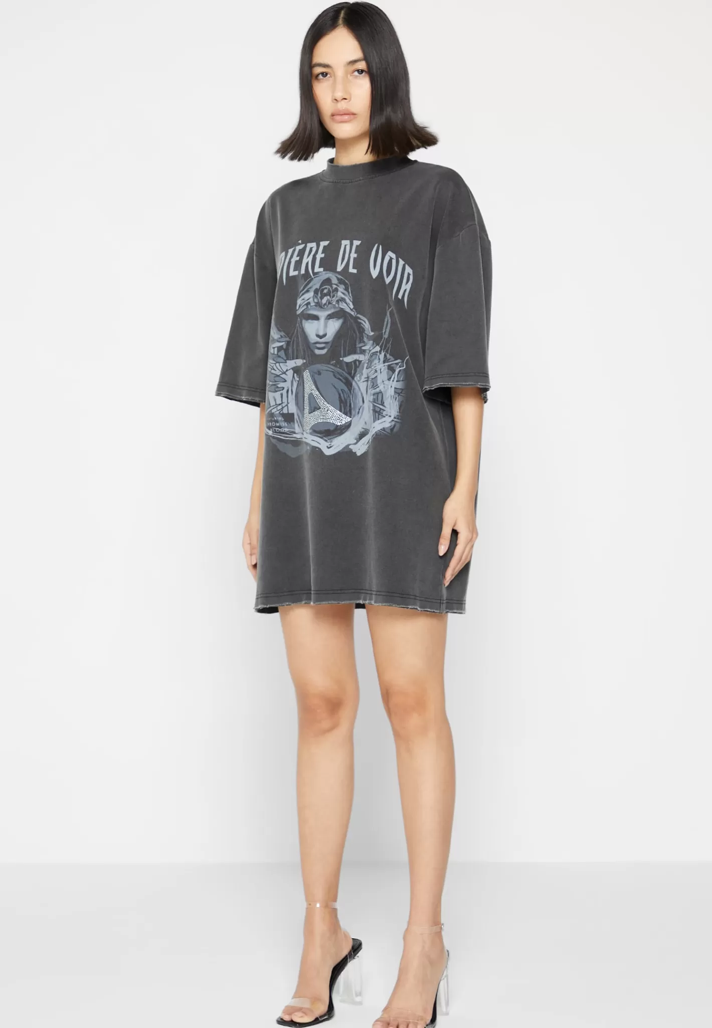 Oversized Rhinestone T-Shirt Dress - Washed Black-Manière De Voir Discount