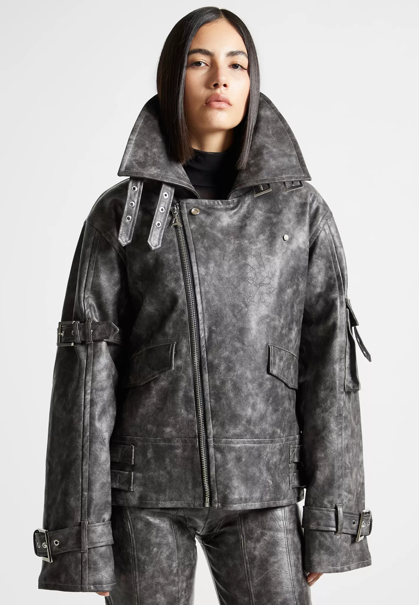 Oversized Vintage Vegan Leather Biker Jacket - -Manière De Voir Flash Sale