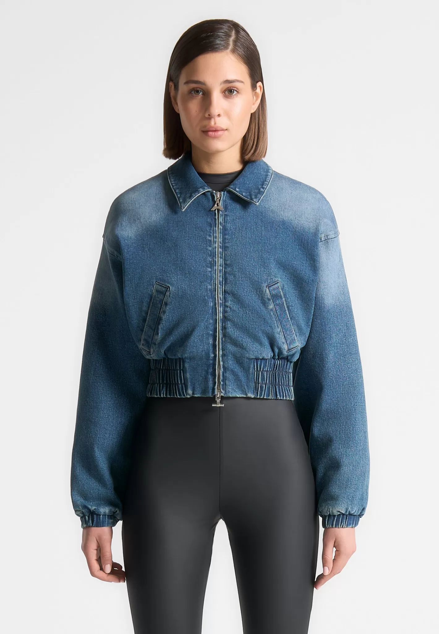 Padded Cropped Denim Bomber Jacket - Mid Blue-Manière De Voir Sale