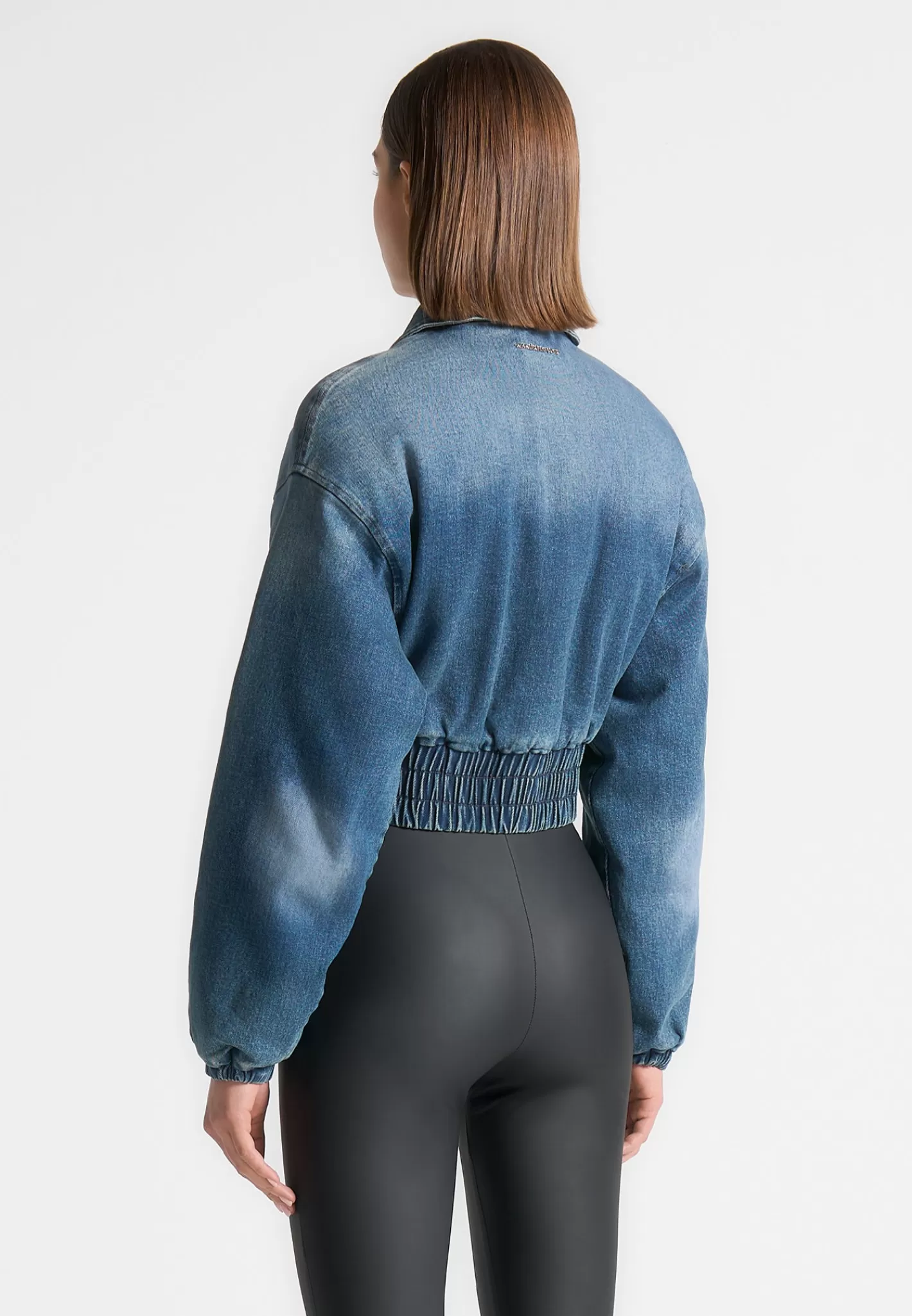 Padded Cropped Denim Bomber Jacket - Mid Blue-Manière De Voir Sale