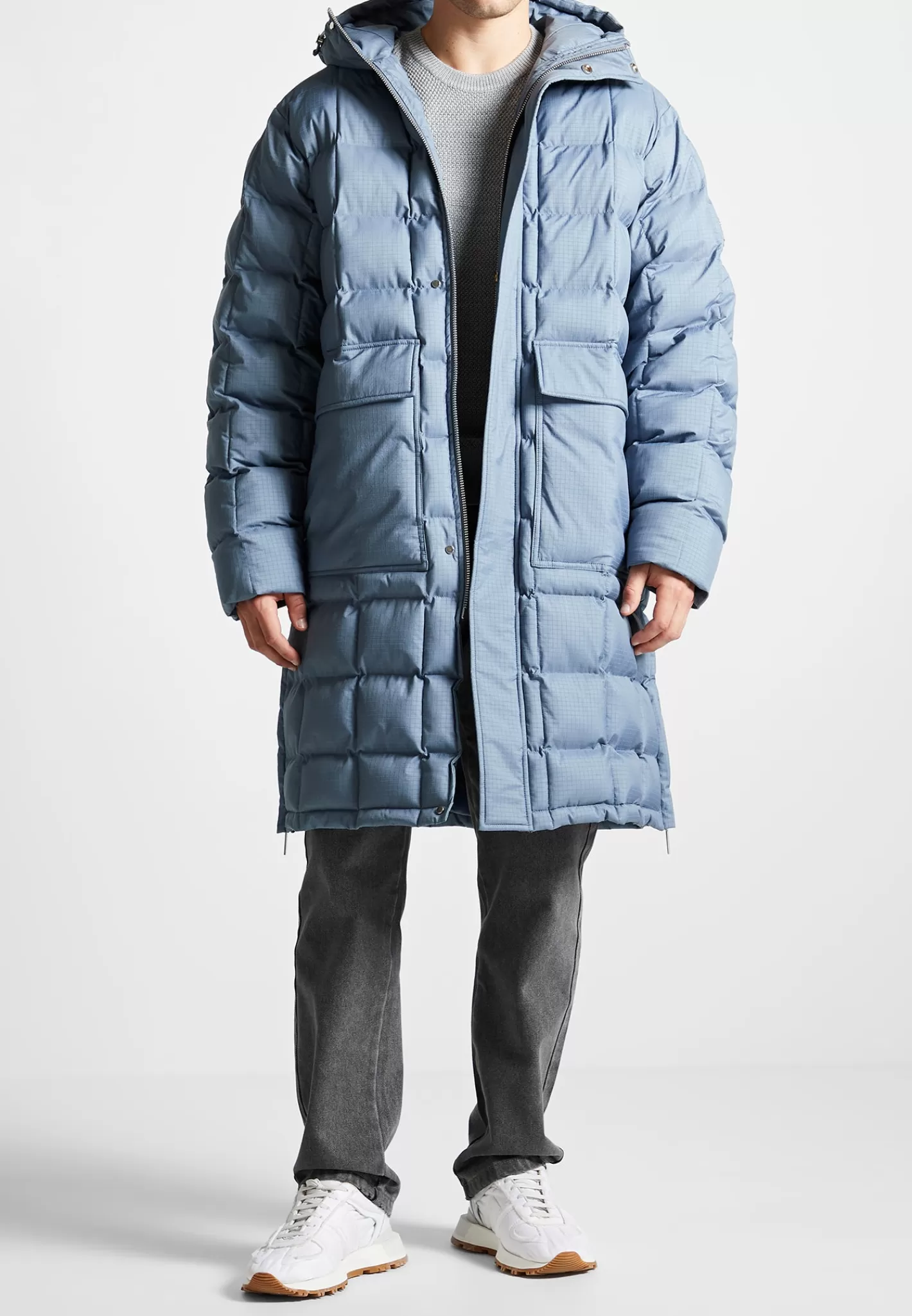 Quilted Longline Puffer Coat - Steel Blue-Manière De Voir Flash Sale