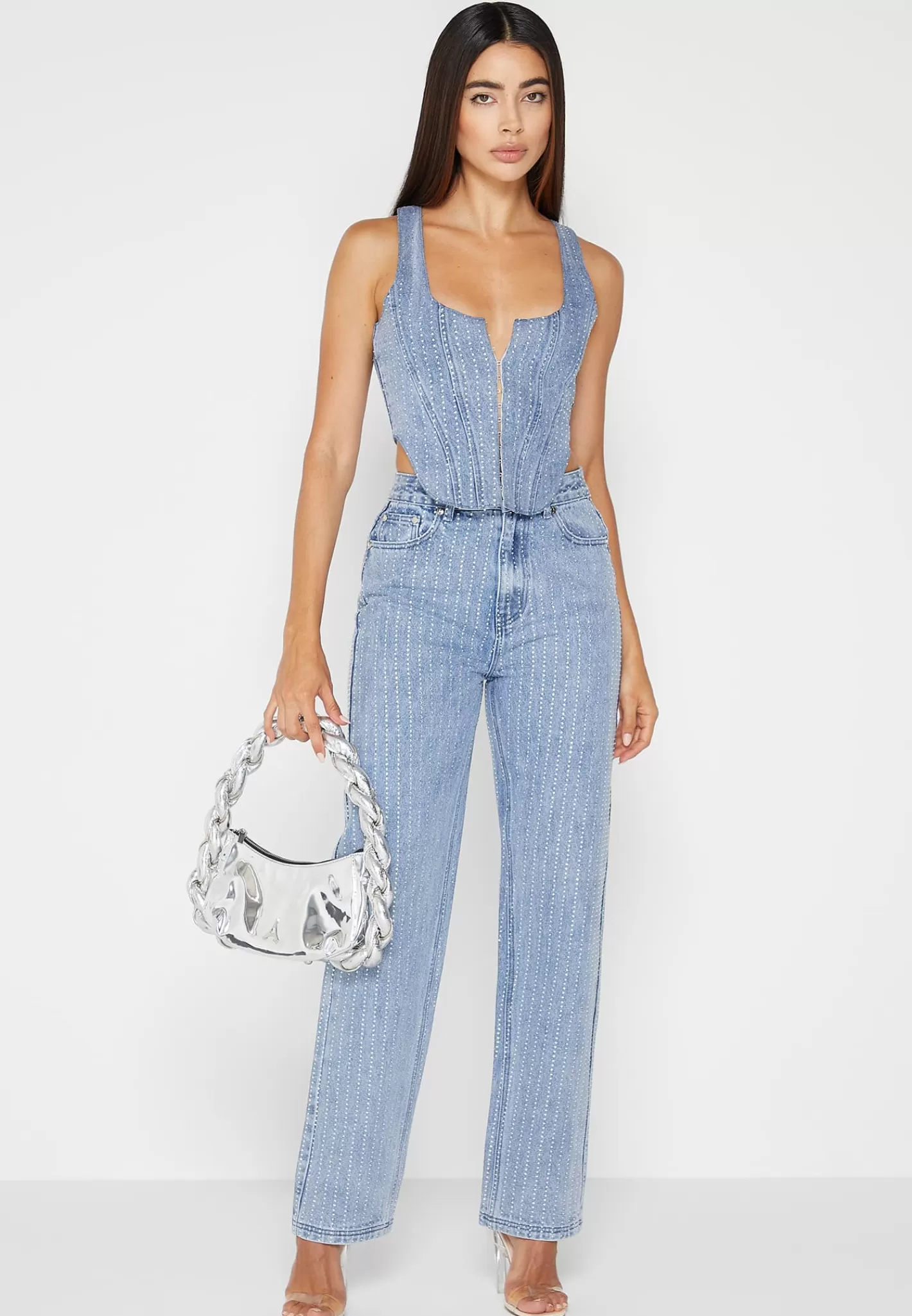 Rhinestone Denim Corset - Mid Blue-Manière De Voir Fashion