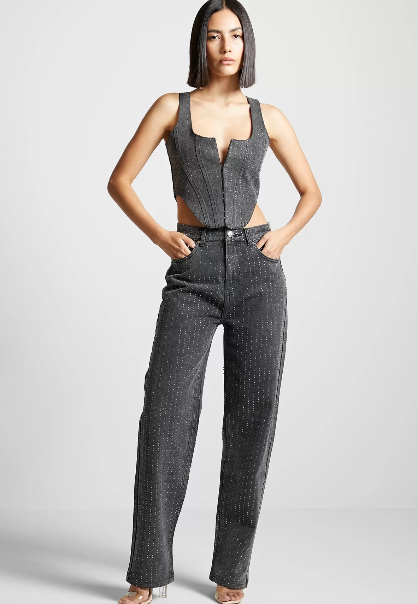 Rhinestone Denim Corset - Washed Grey-Manière De Voir Discount
