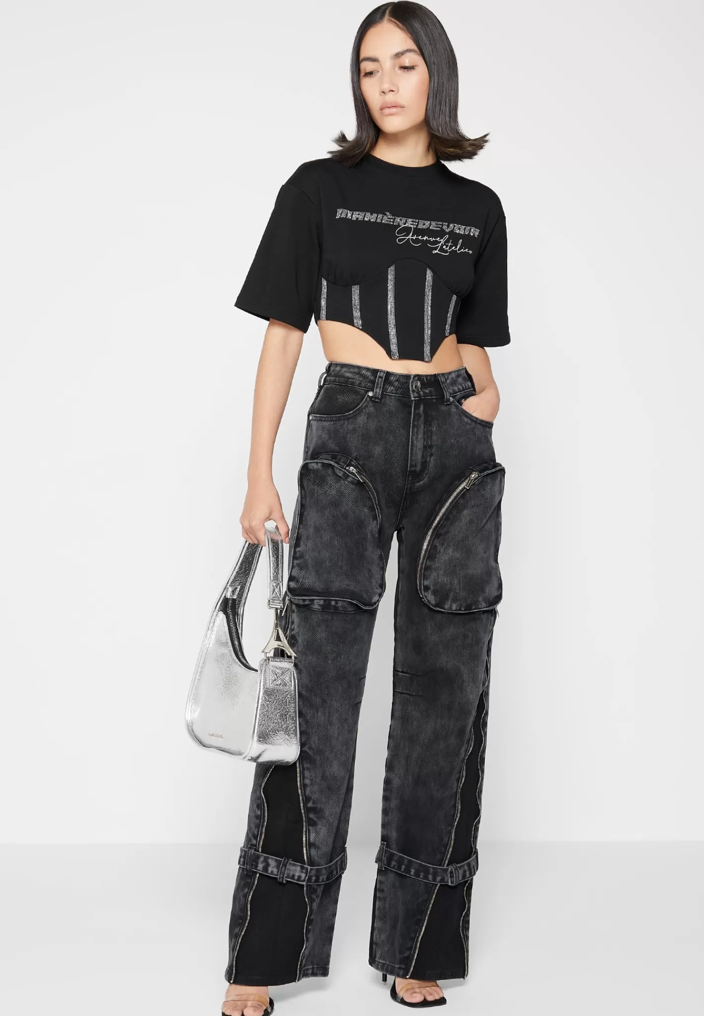 Rhinestone Lace Up Corset T-Shirt - -Manière De Voir Discount