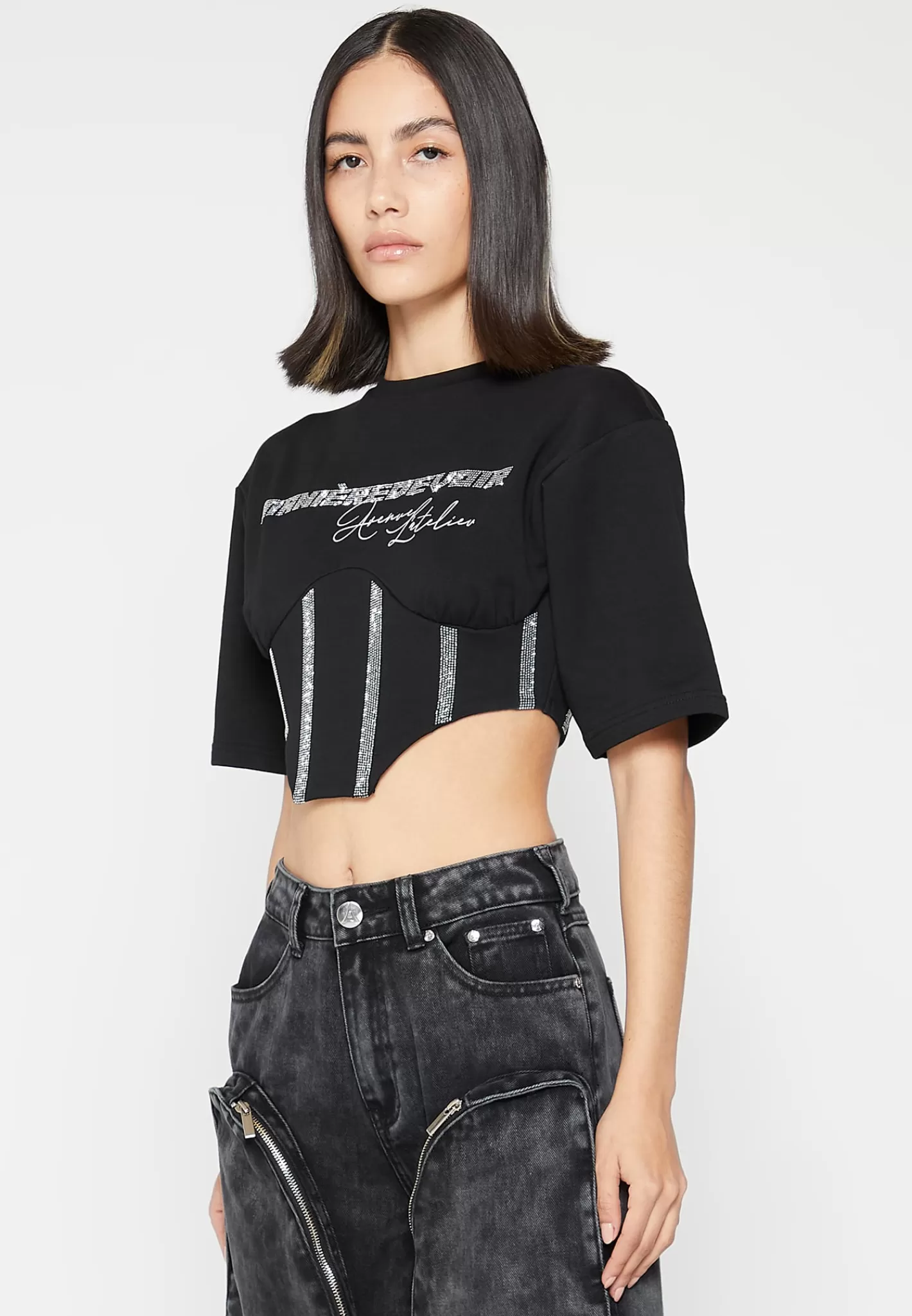 Rhinestone Lace Up Corset T-Shirt - -Manière De Voir Discount