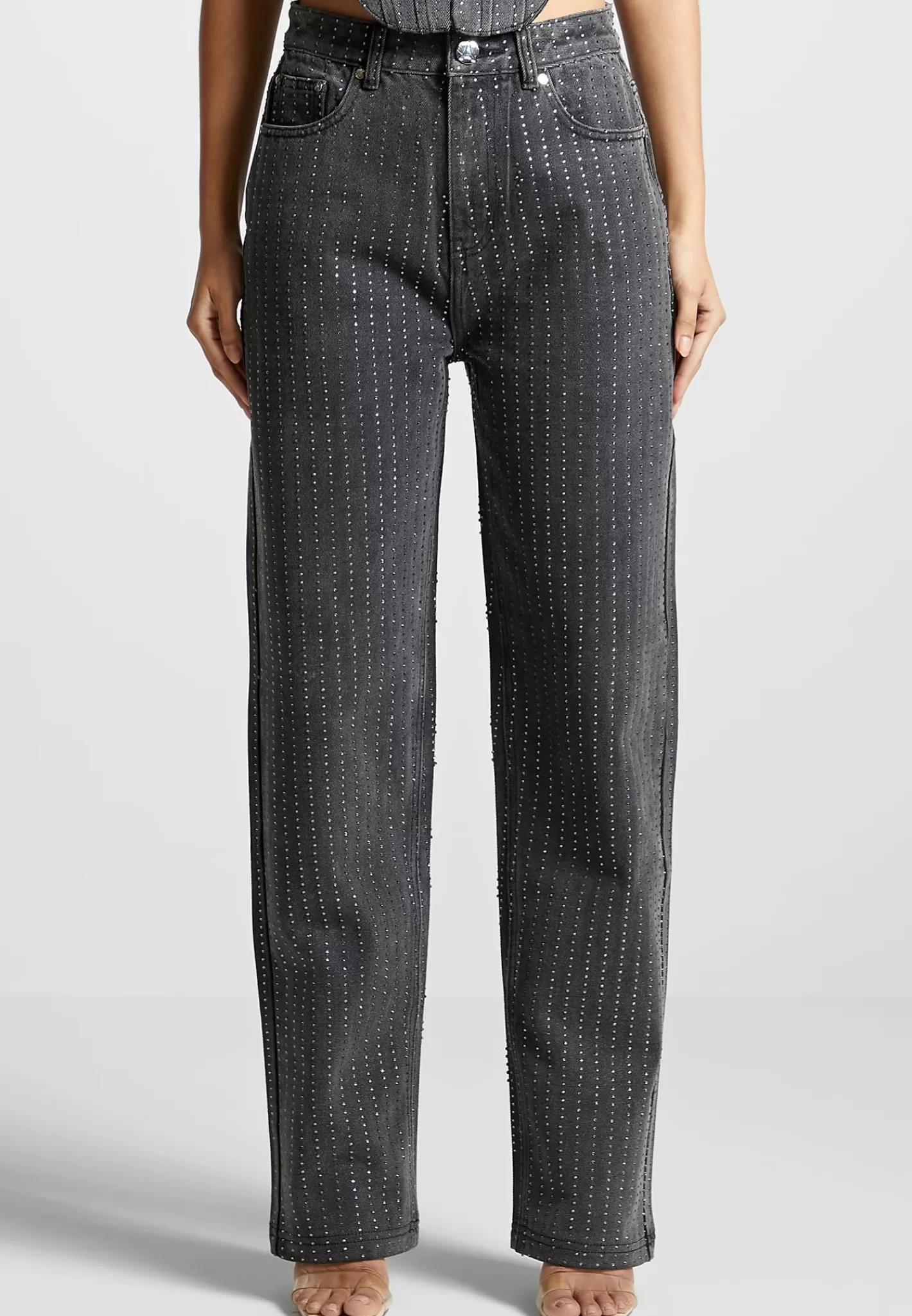 Rhinestone Mom Jeans - Washed Grey-Manière De Voir Store