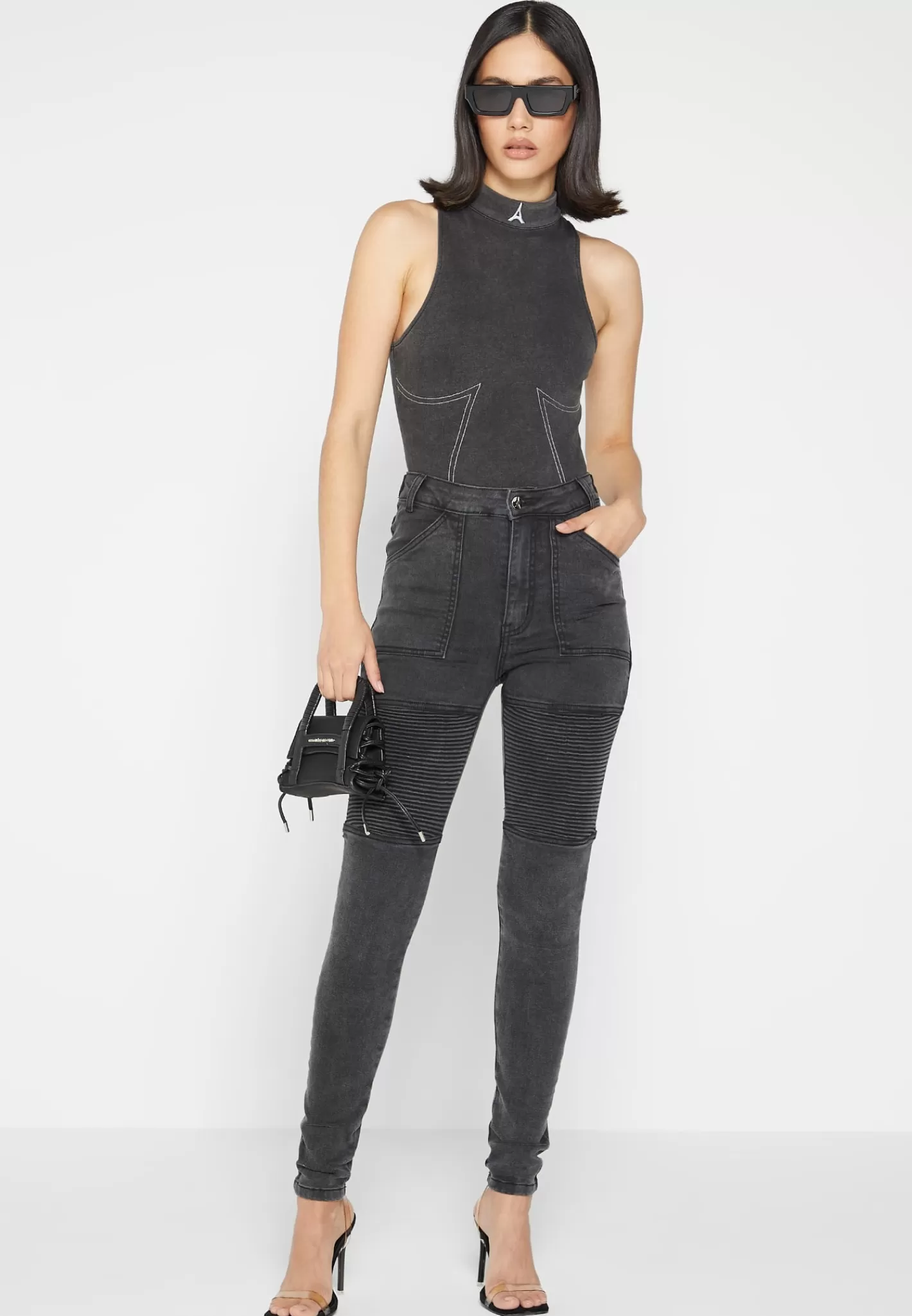 Ribbed Biker Skinny Jeans - Washed Black-Manière De Voir Store