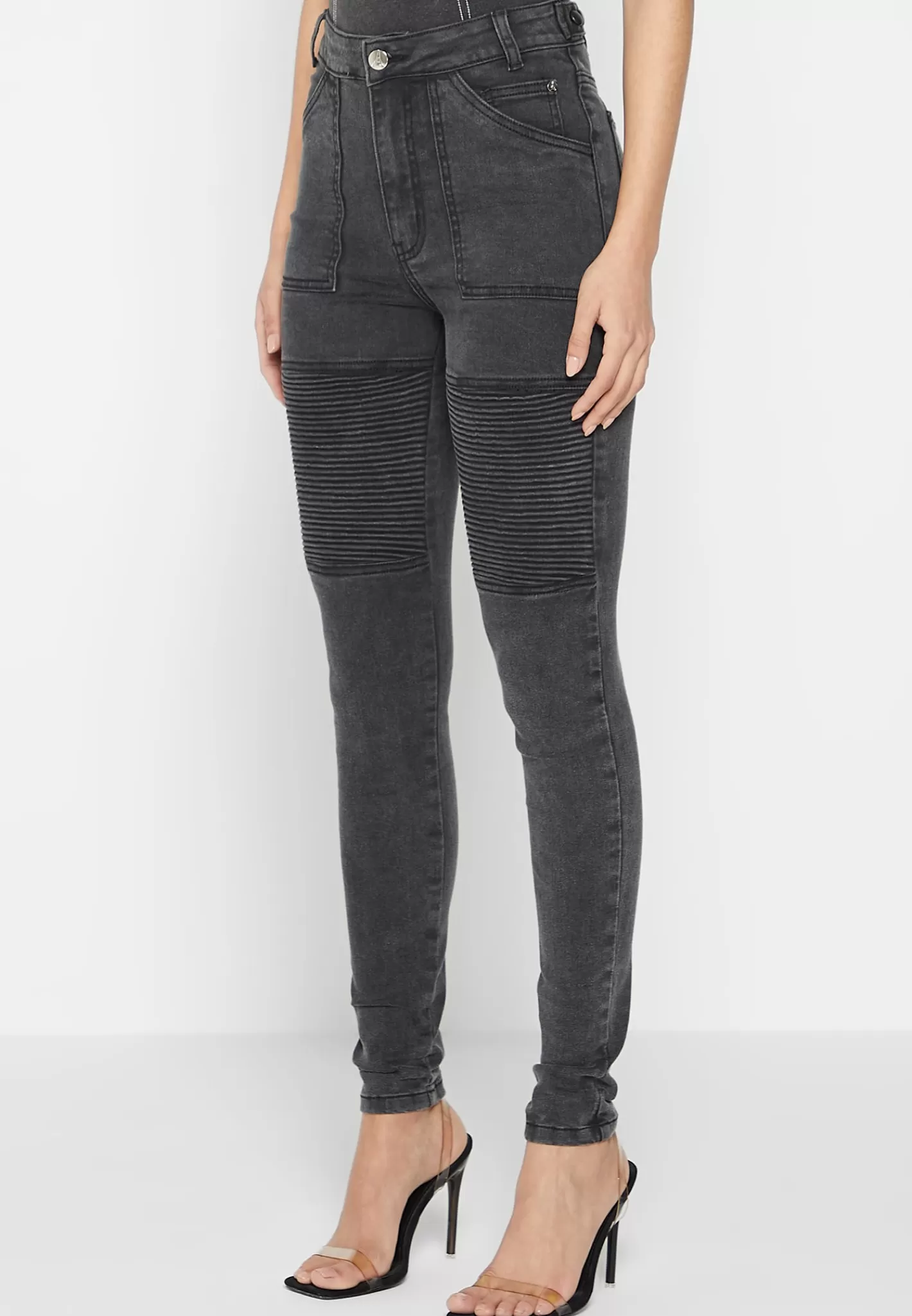 Ribbed Biker Skinny Jeans - Washed Black-Manière De Voir Store