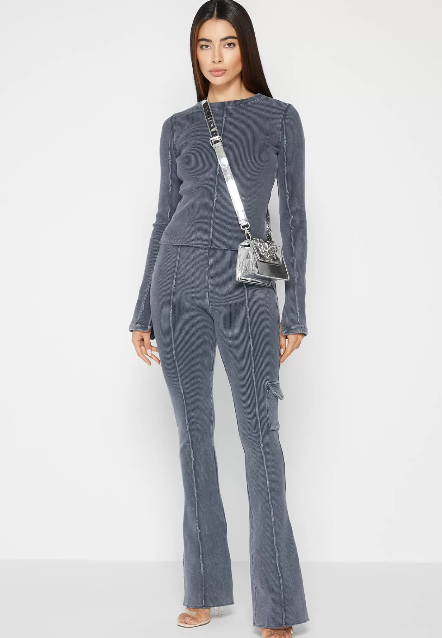 Ribbed Flared Leggings - Washed Blue-Manière De Voir Flash Sale