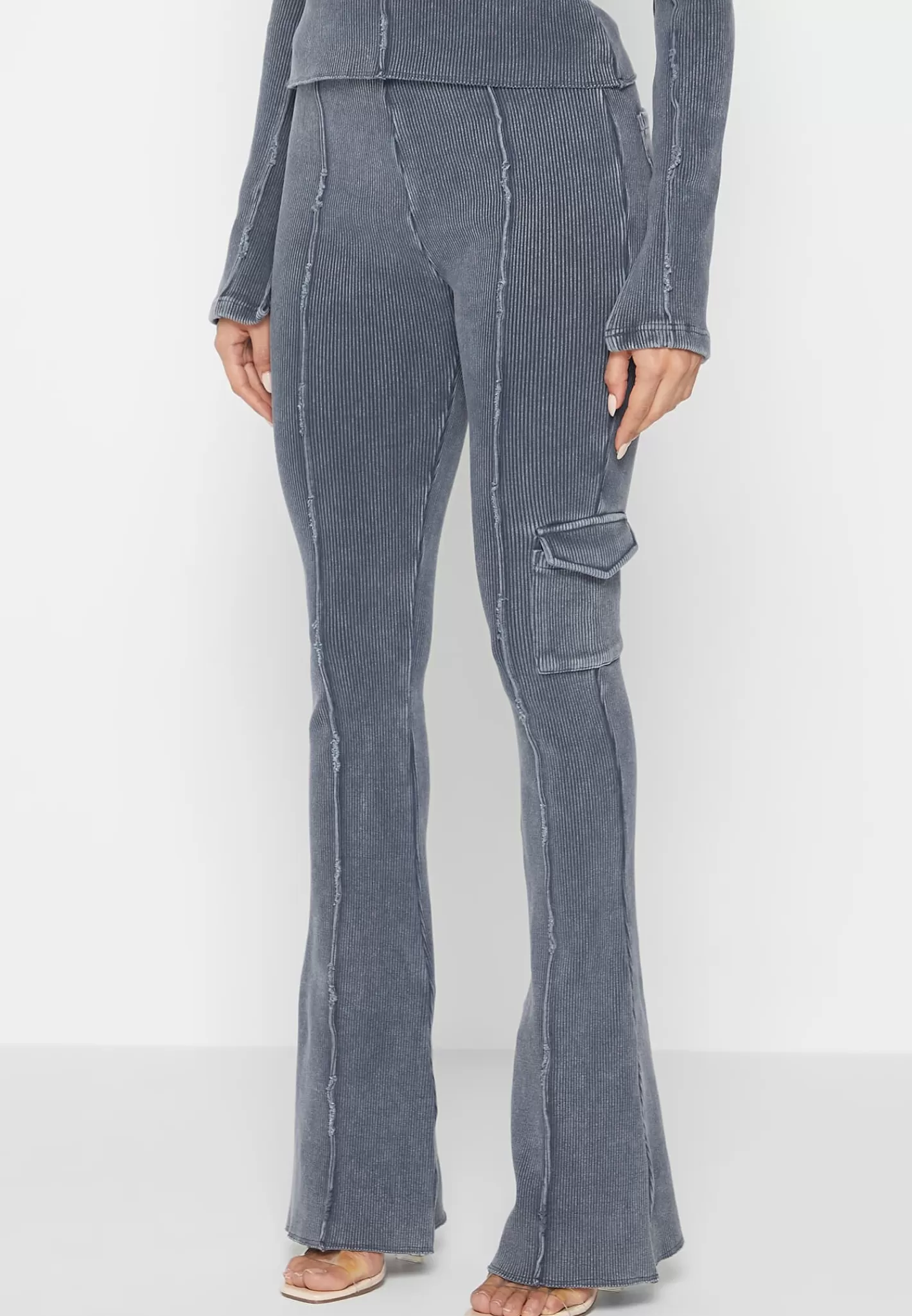 Ribbed Flared Leggings - Washed Blue-Manière De Voir Flash Sale