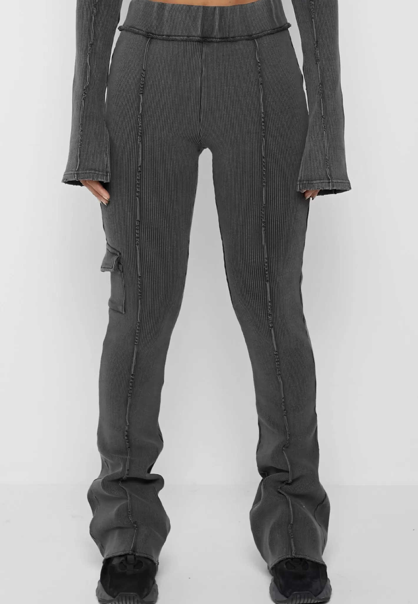 Ribbed Flared Leggings - Washed Grey-Manière De Voir Outlet