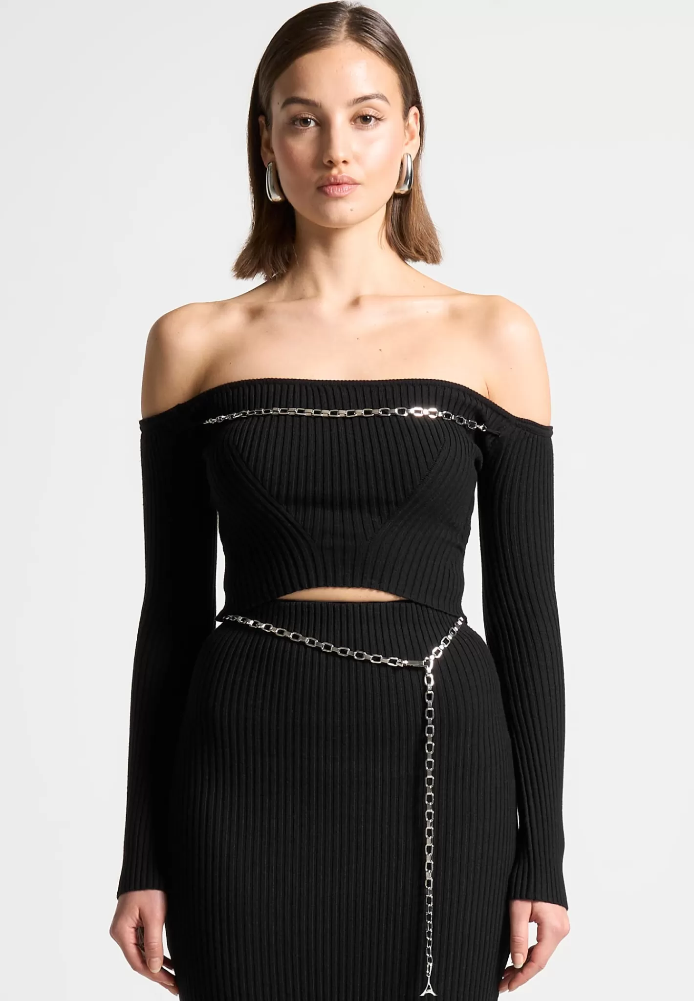 Ribbed Knit Bardot Crop Top with Chain - -Manière De Voir New