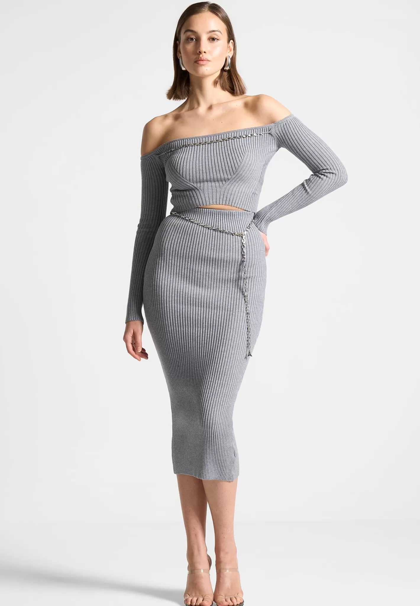 Ribbed Knit Bardot Crop Top with Chain - -Manière De Voir Online