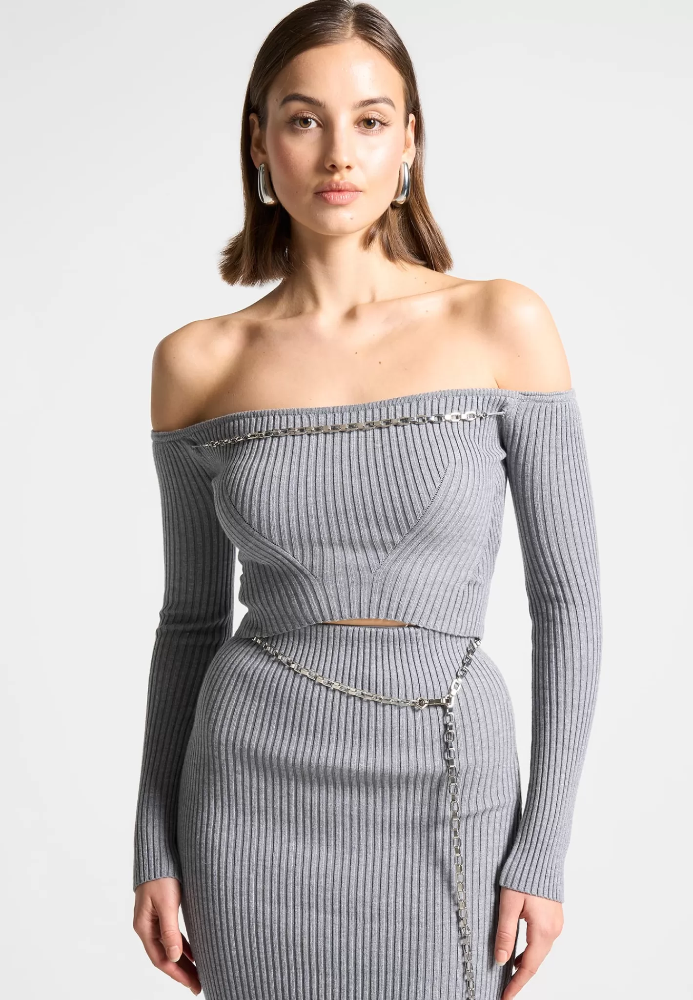 Ribbed Knit Bardot Crop Top with Chain - -Manière De Voir Online